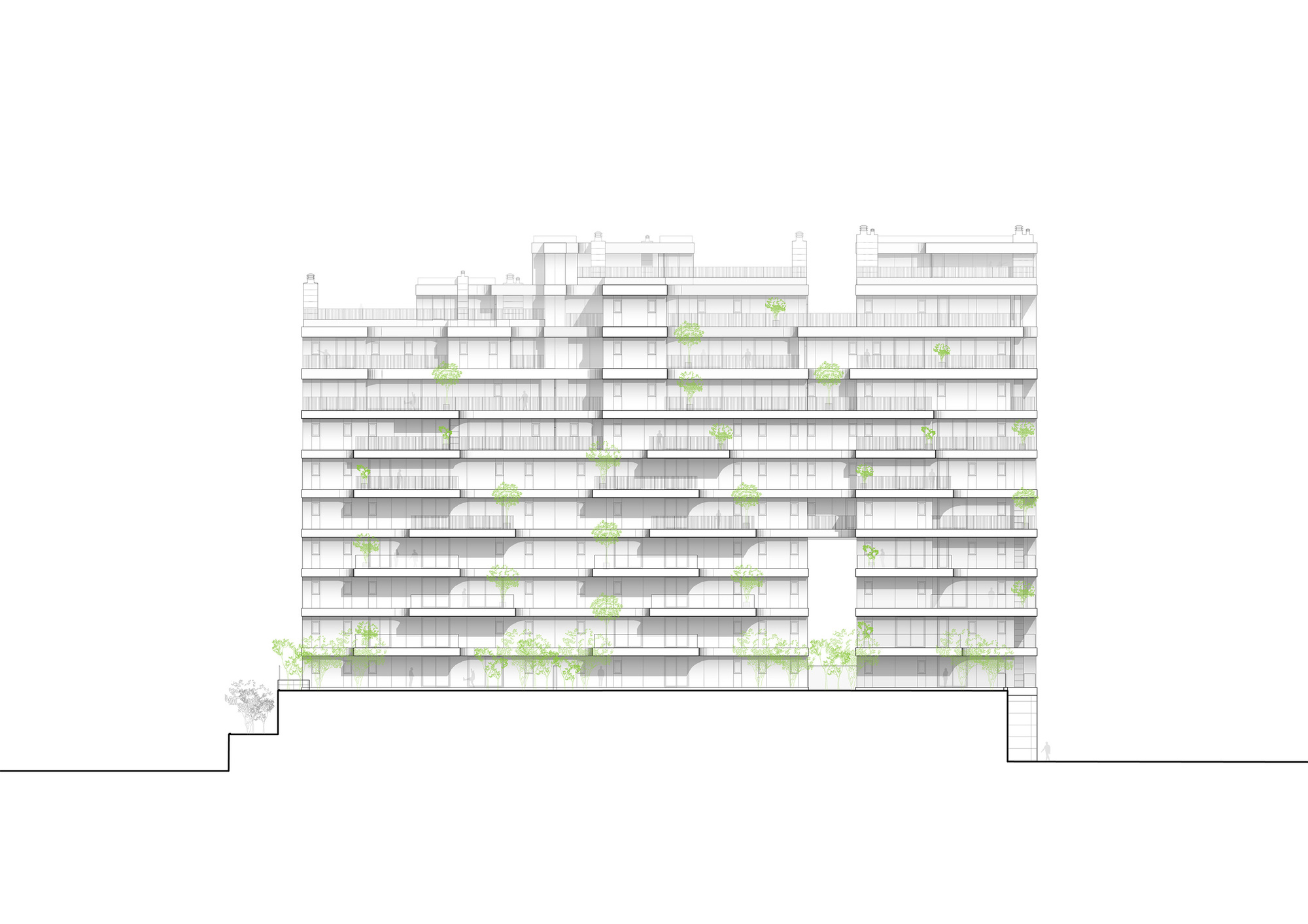 South elevation drawing showing the terraced tower with trees planted on the stepped balconies