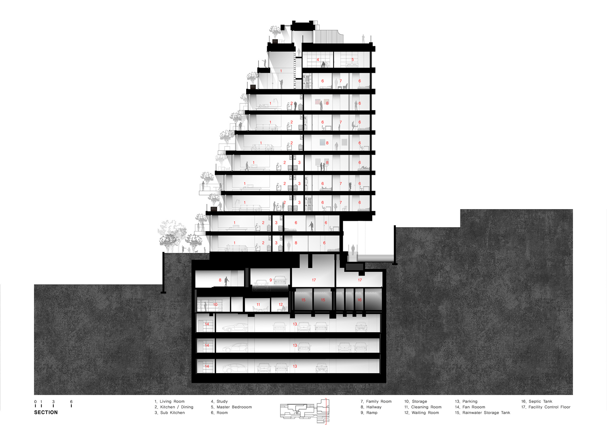 Section drawing revealing the stepped tower rising from below-grade parking levels with residential units above