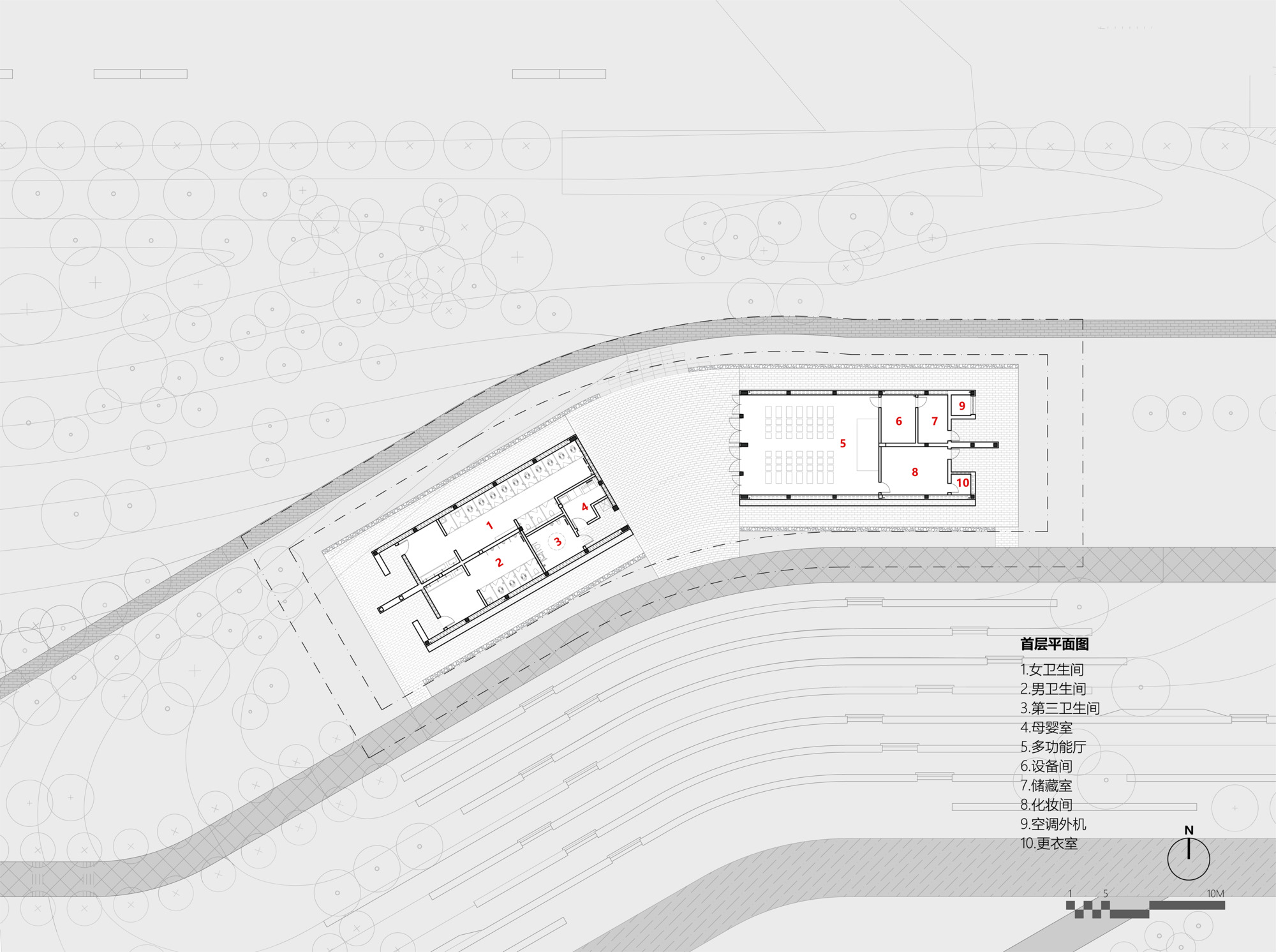 Floor plan drawing showing rectangular spaces arranged along a curved linear building with adjacent terraces