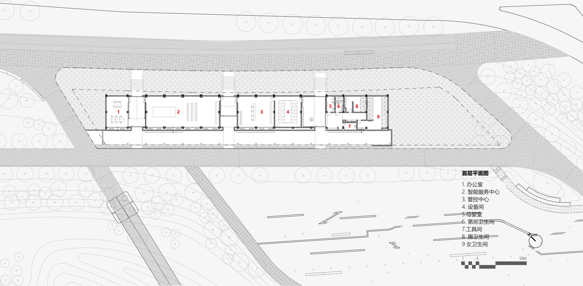 Floor plan drawing revealing three rectangular gallery spaces connected by circulation and service zones