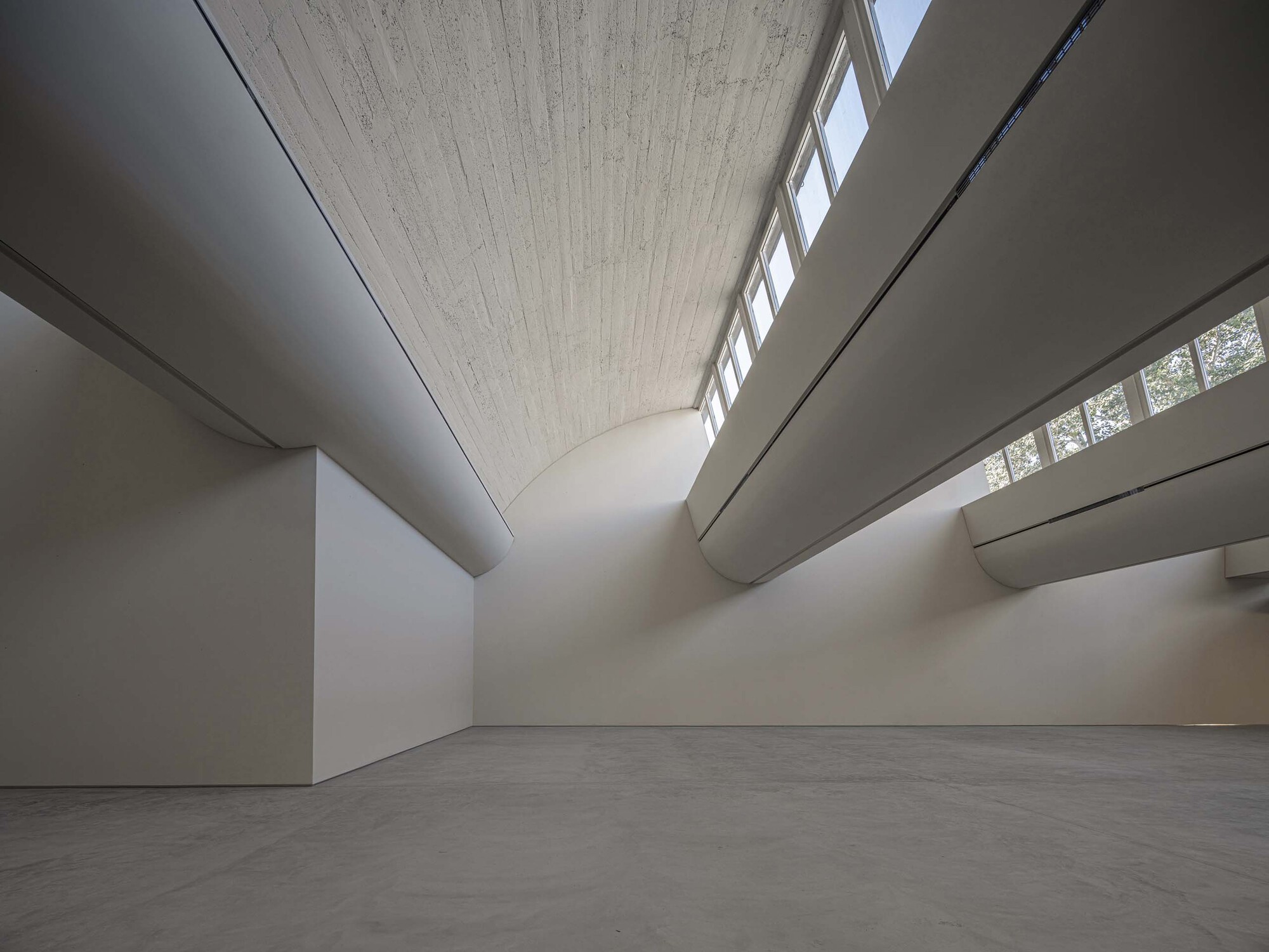 Gallery space showing vaulted wood ceiling with clerestory bands and curved white walls meeting concrete floor