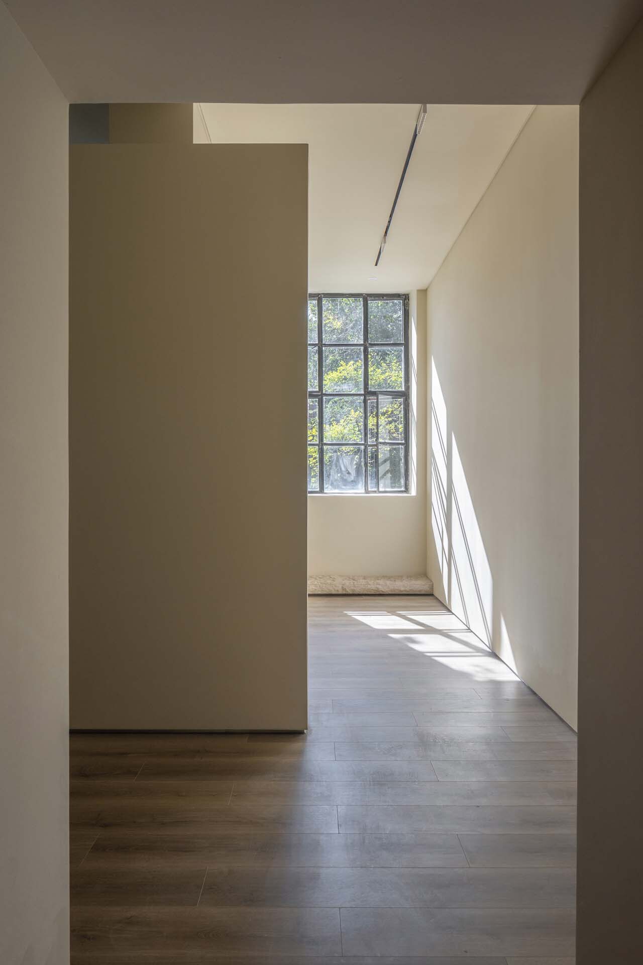 View through doorway toward steel-framed window with dappled sunlight on wood floor