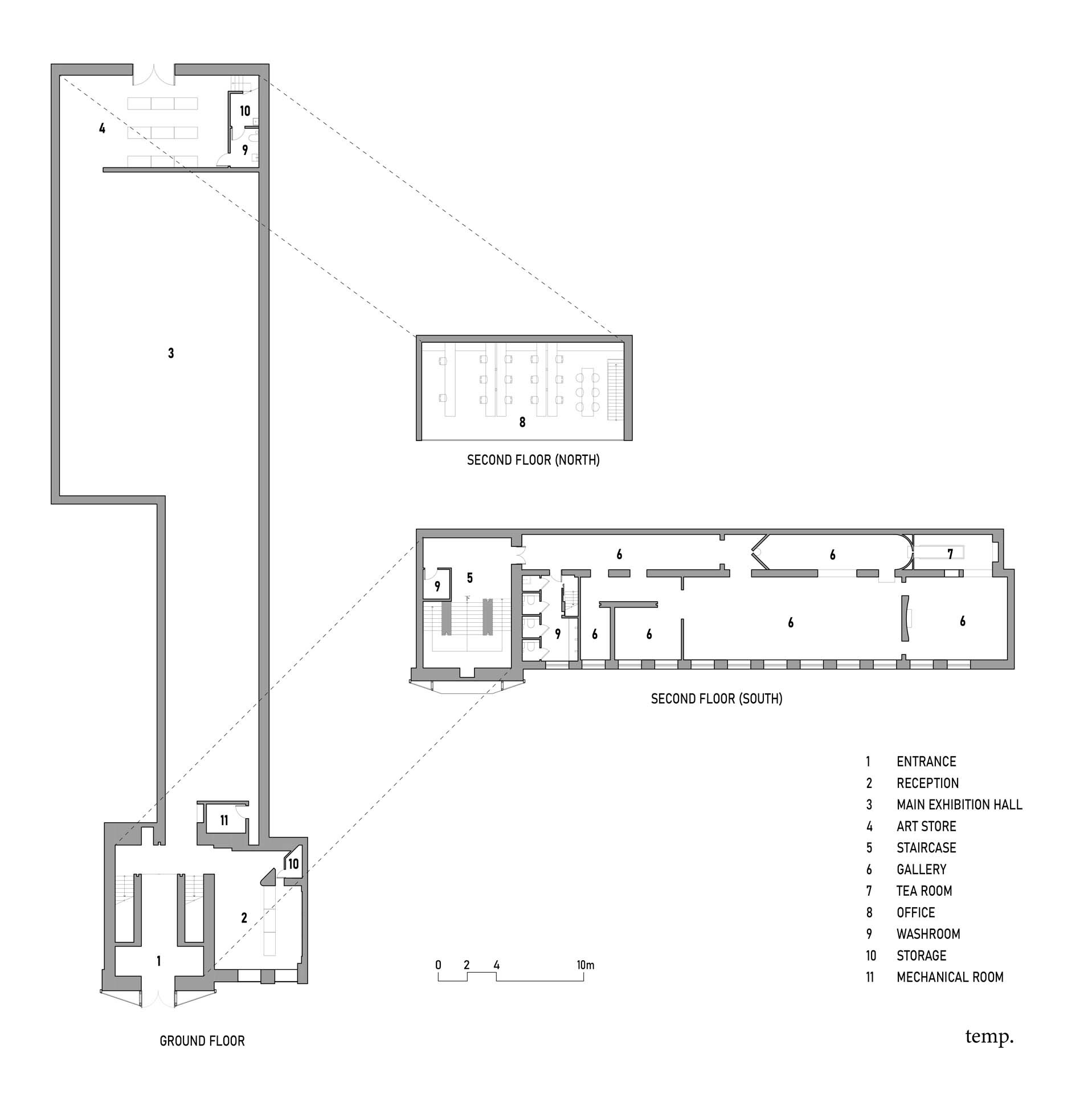 Floor plan drawing showing ground and second floor layouts with numbered rooms and programmatic labels