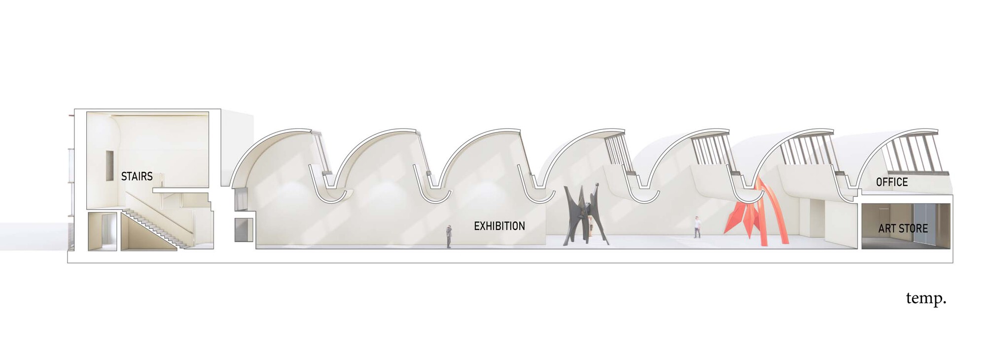 Section drawing showing exhibition space with undulating vault ceiling and silhouetted figures