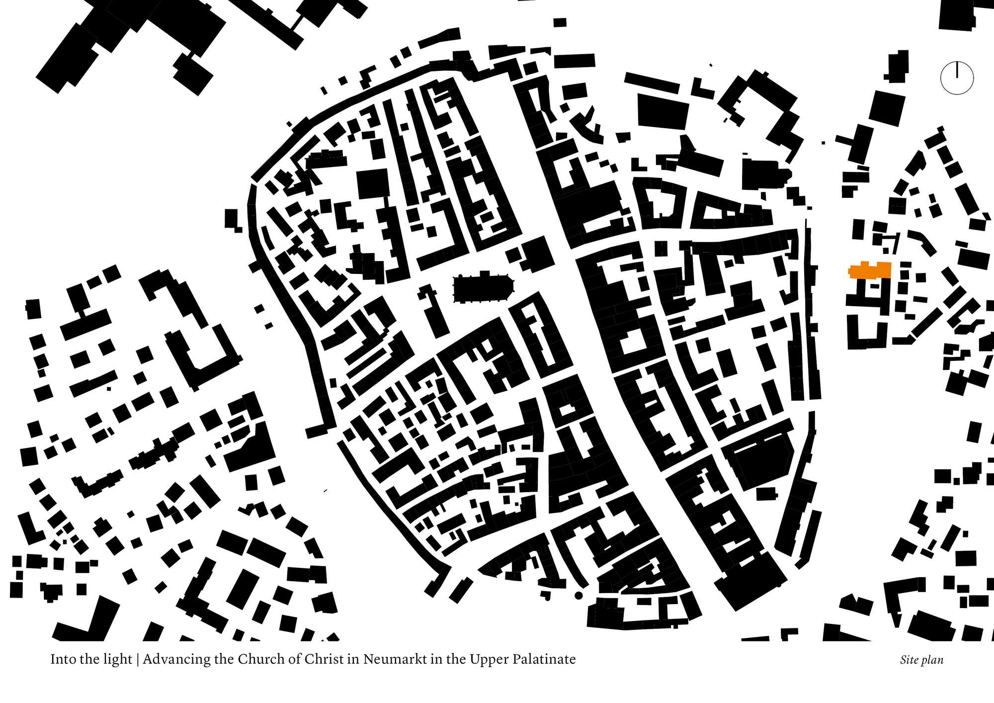 Site plan drawing showing an urban block with surrounding buildings highlighted in orange