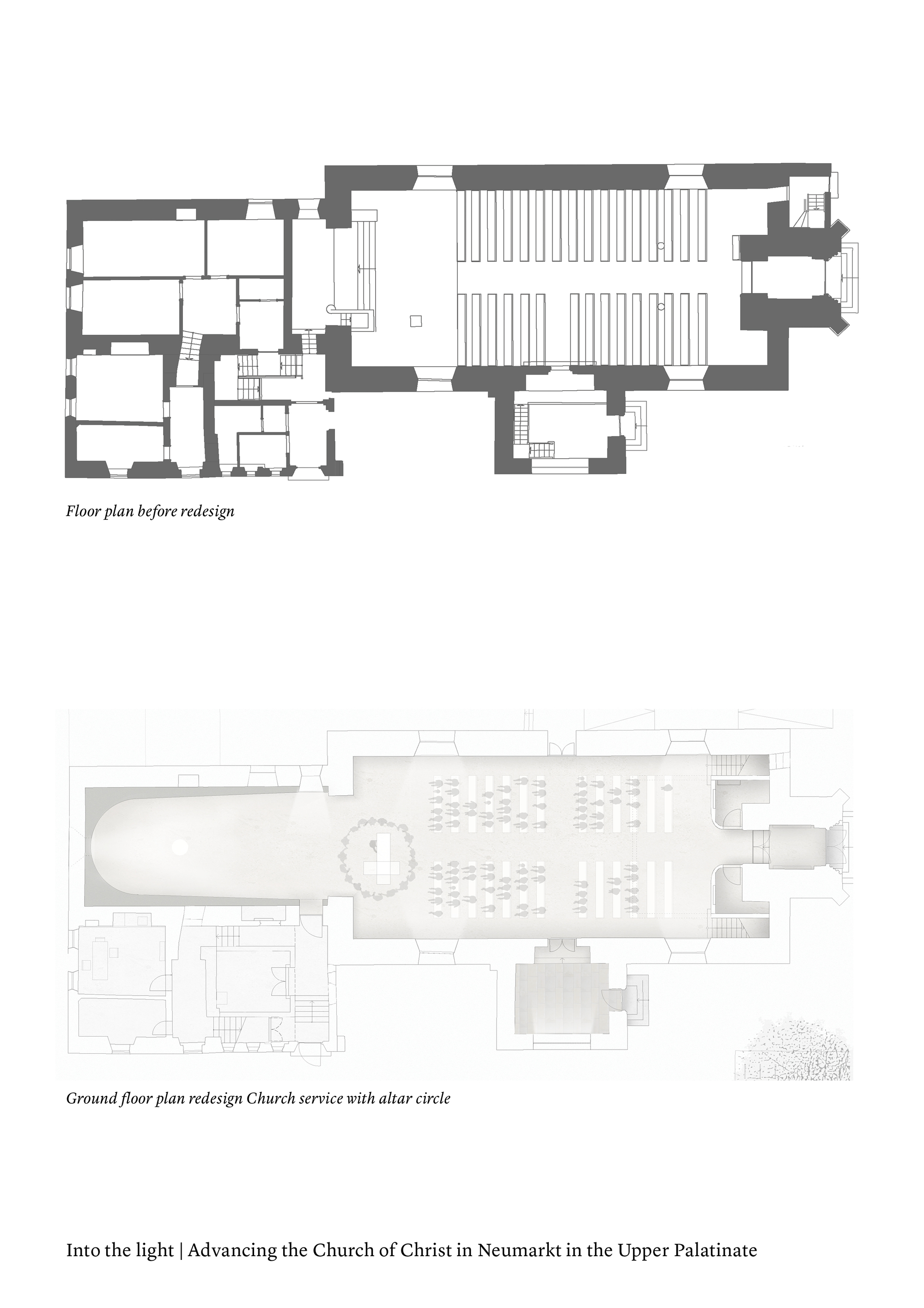 Floor plan drawings showing the existing layout with pews and the redesigned sanctuary with altar circle