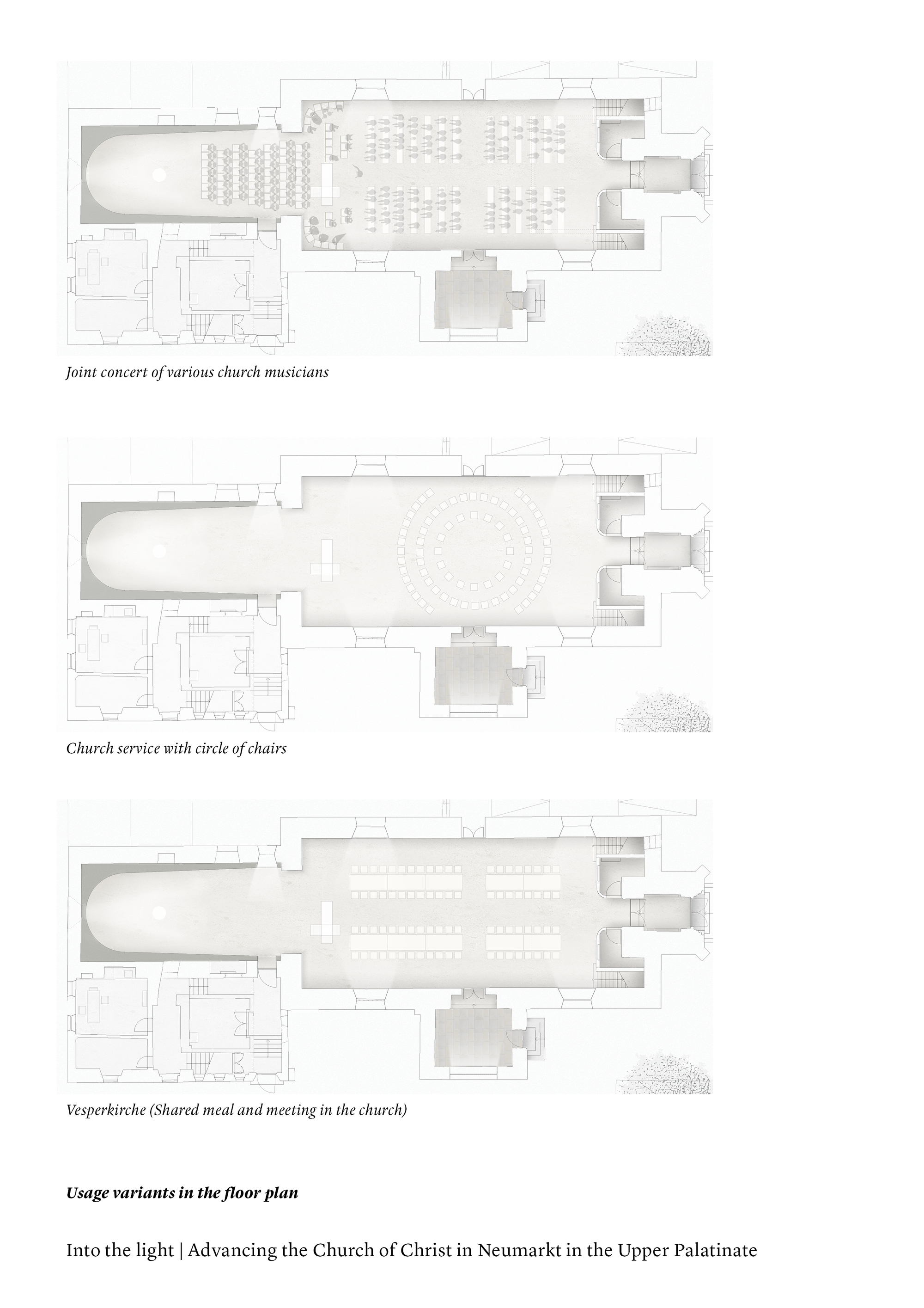 Floor plan drawings illustrating three different seating arrangements for concerts, services, and shared meals
