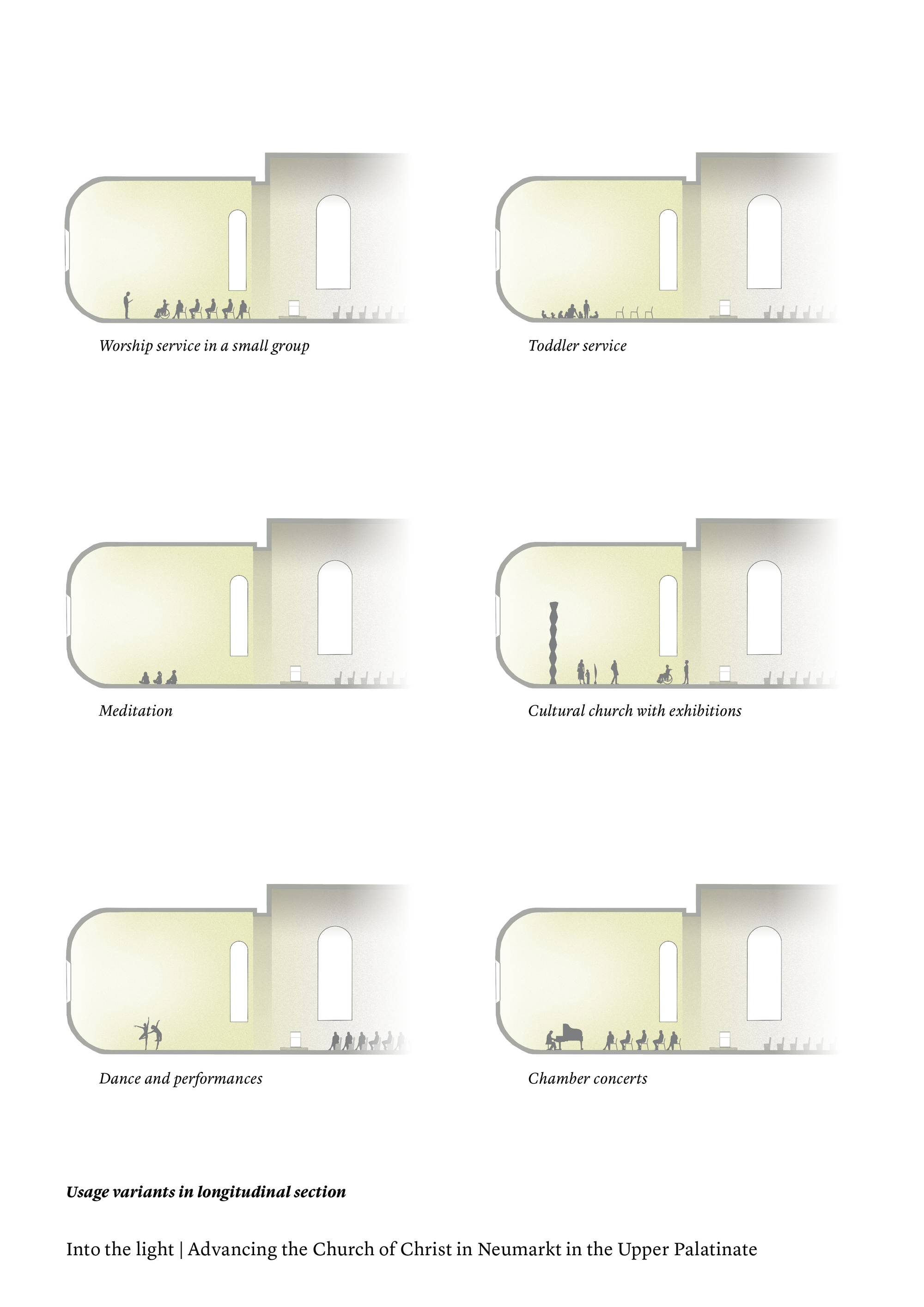 Section drawings showing six different spatial configurations with silhouettes of people in varied arrangements