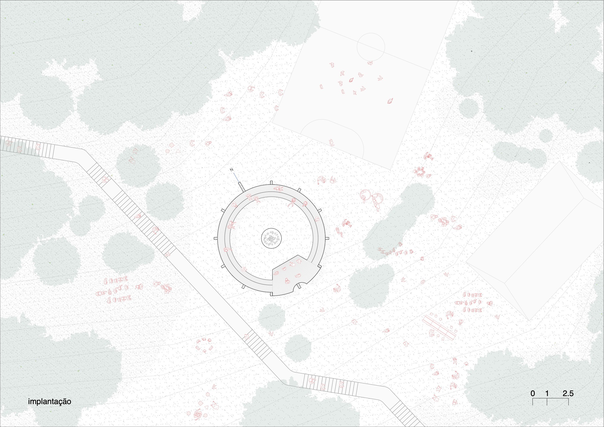 Site plan drawing showing a circular structure surrounded by tree canopies and a diagonal pathway