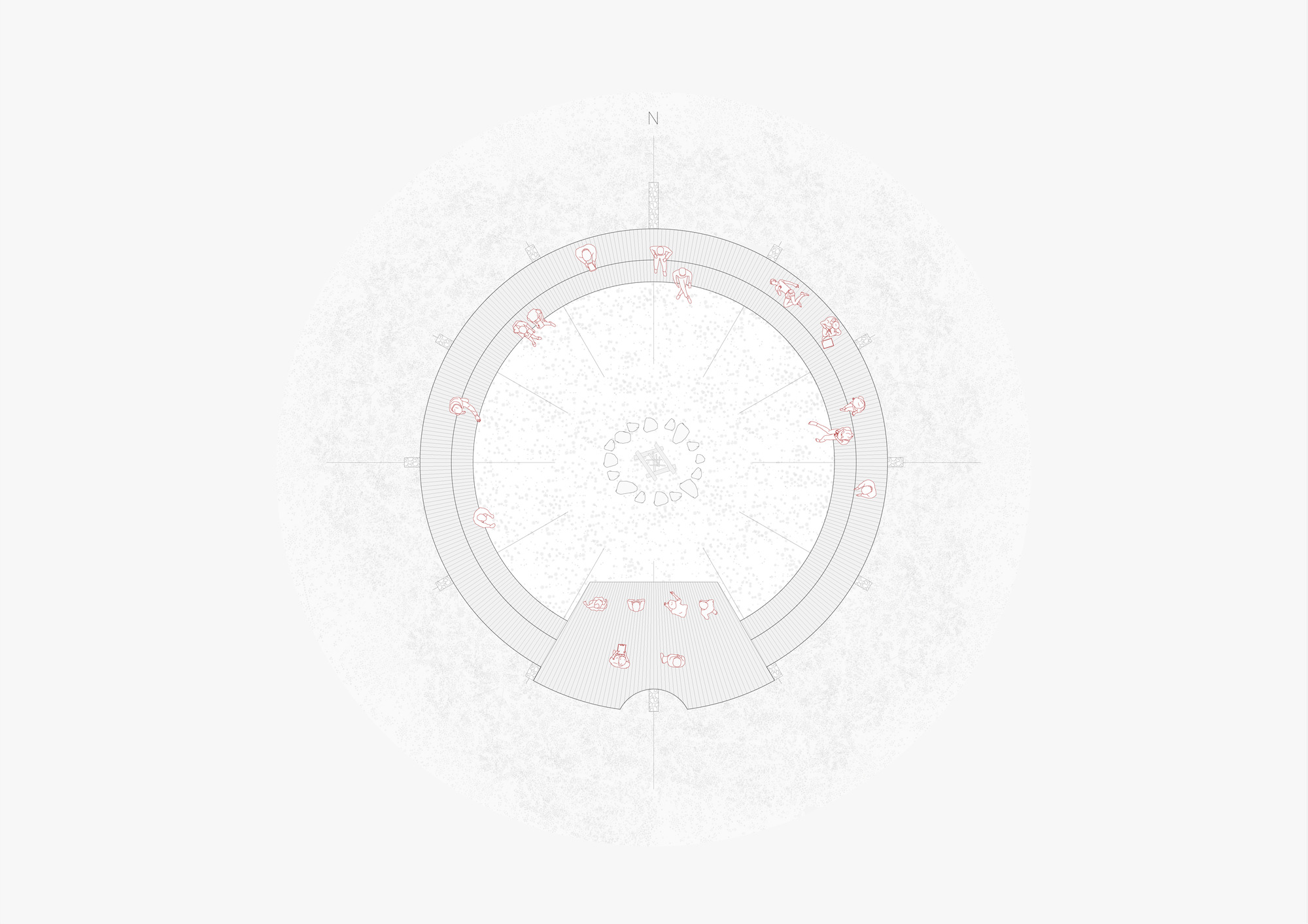 Floor plan drawing showing a circular structure with a central core and radiating spaces oriented to north