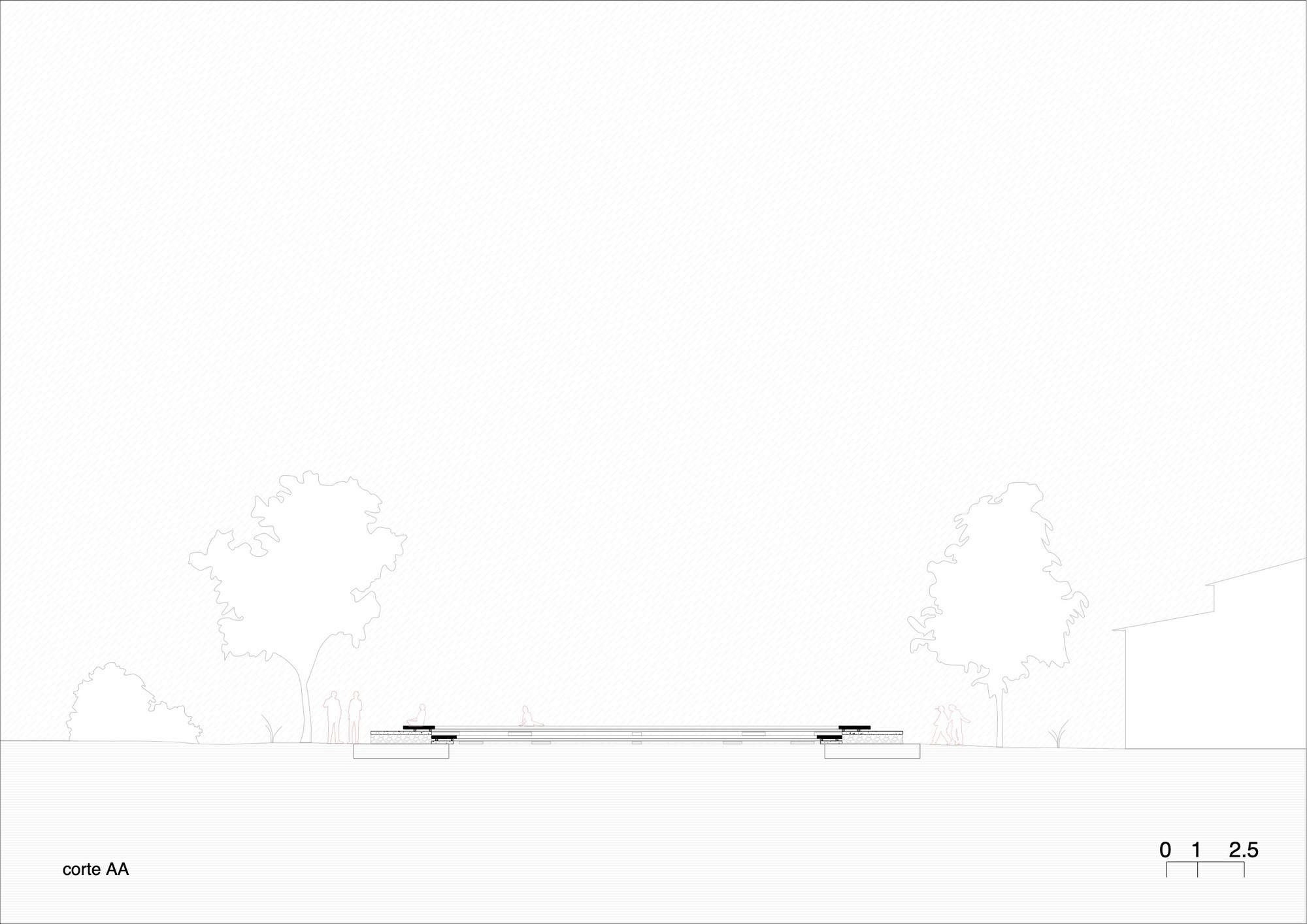 Section drawing showing the low-profile structure nestled in sloping landscape with deciduous trees