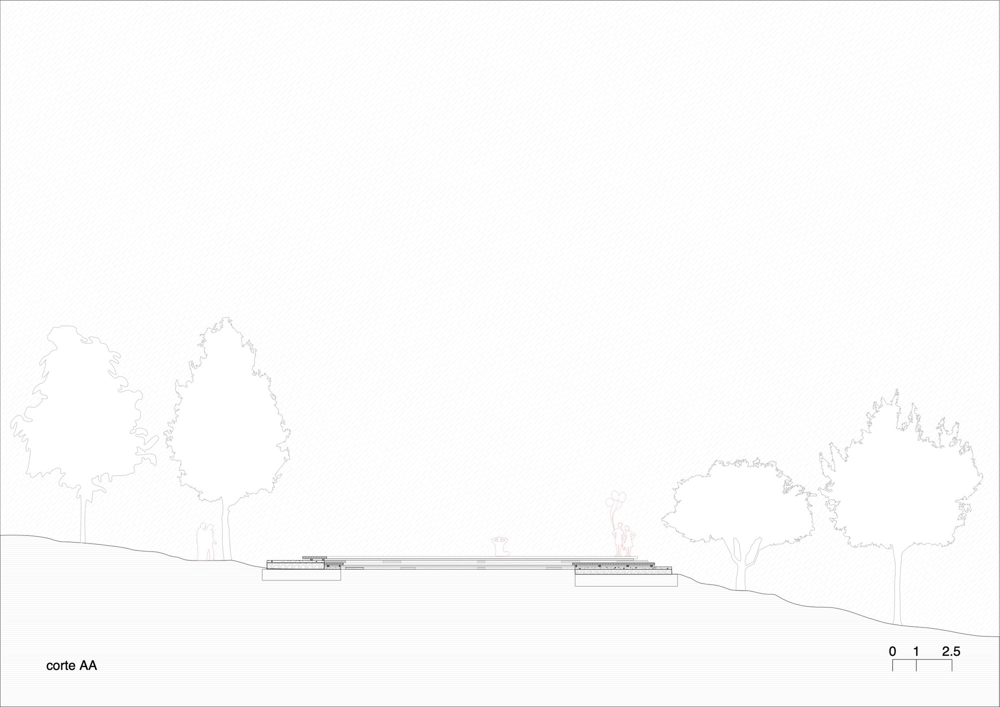 Section drawing depicting the horizontal building profile integrated into the terrain with surrounding vegetation