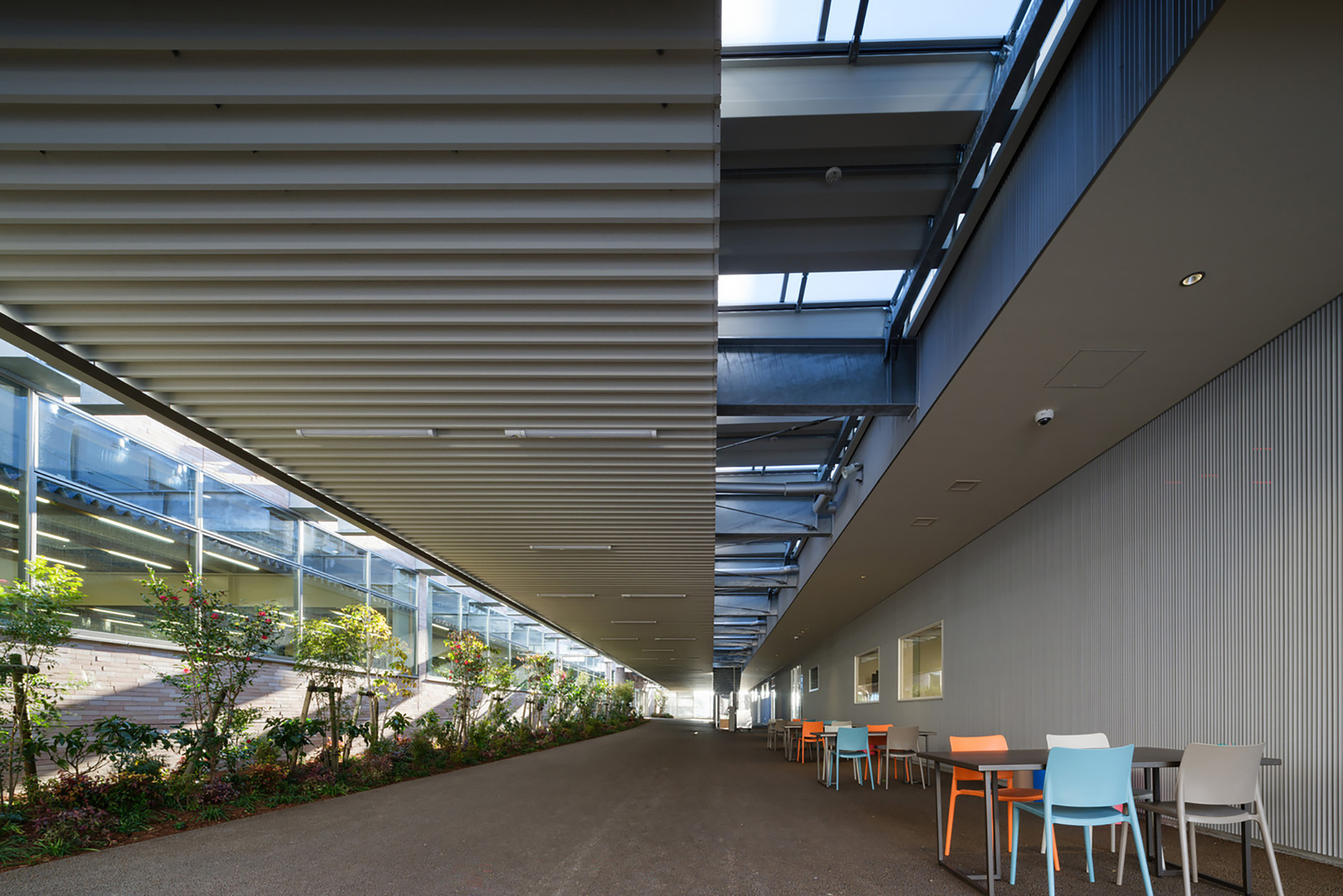 Covered outdoor corridor with skylights, planted beds, and colorful seating along a textured concrete floor