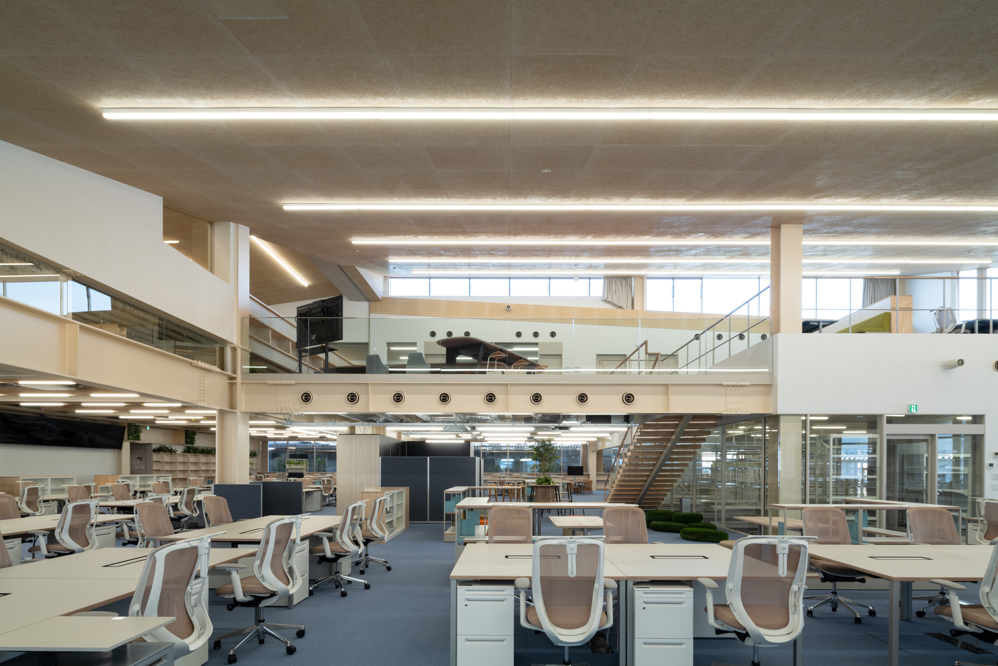 Open office workspace with mezzanine levels, linear ceiling lights, and workstations arranged across blue carpet
