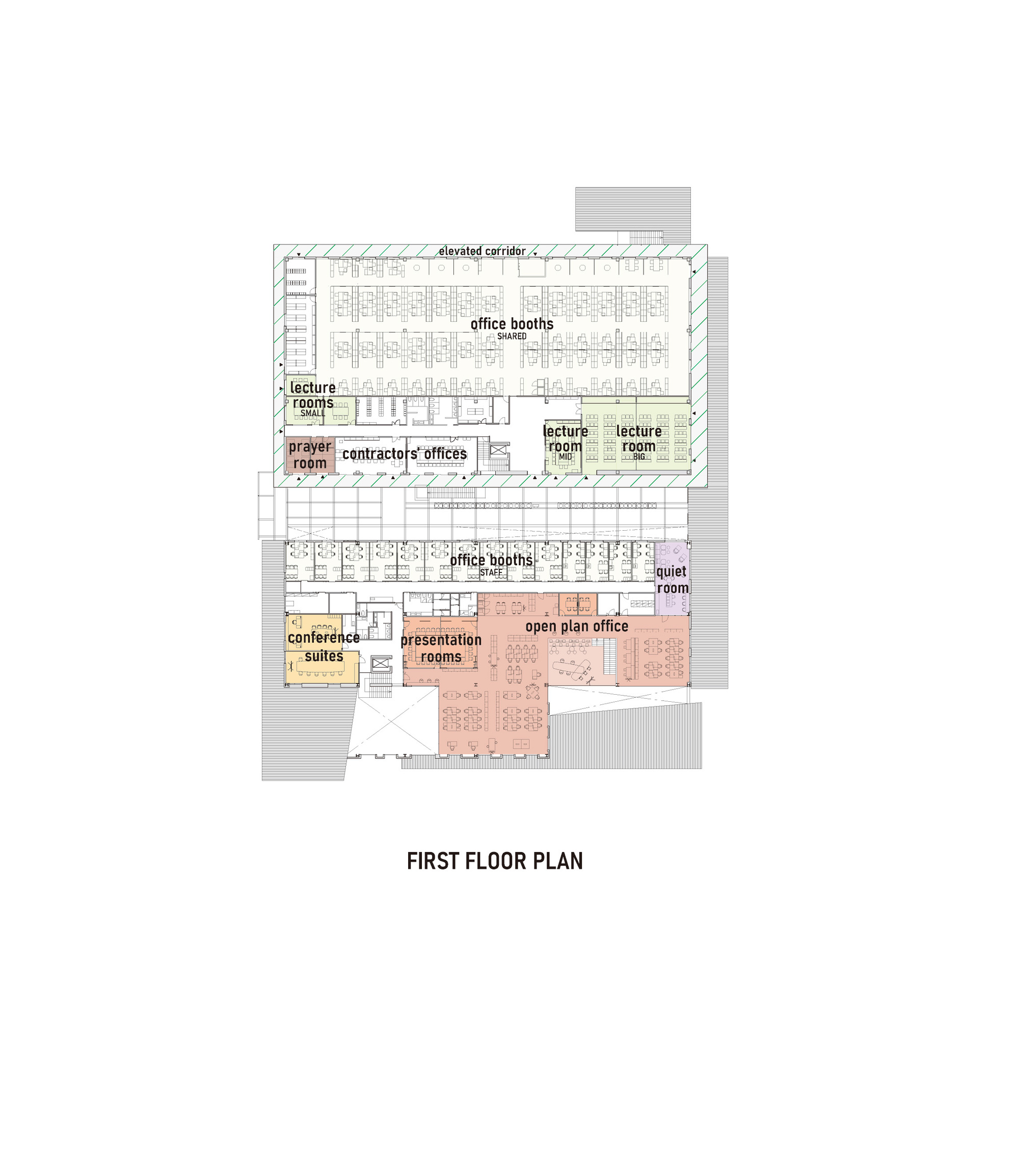 First floor plan drawing indicating office booths, lecture rooms, prayer room and elevated corridor layout