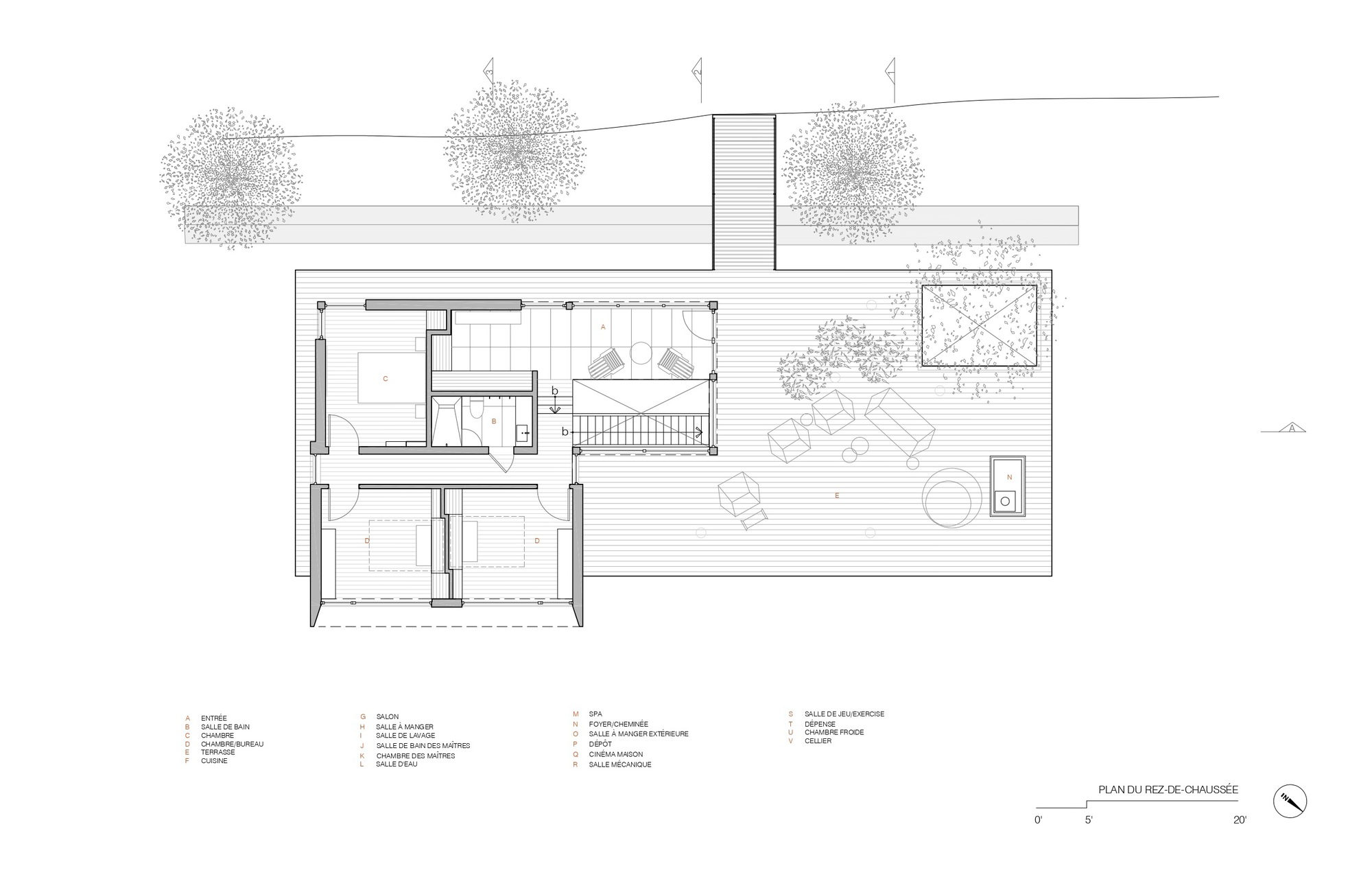Floor plan drawing of the main level with open deck and interior room divisions