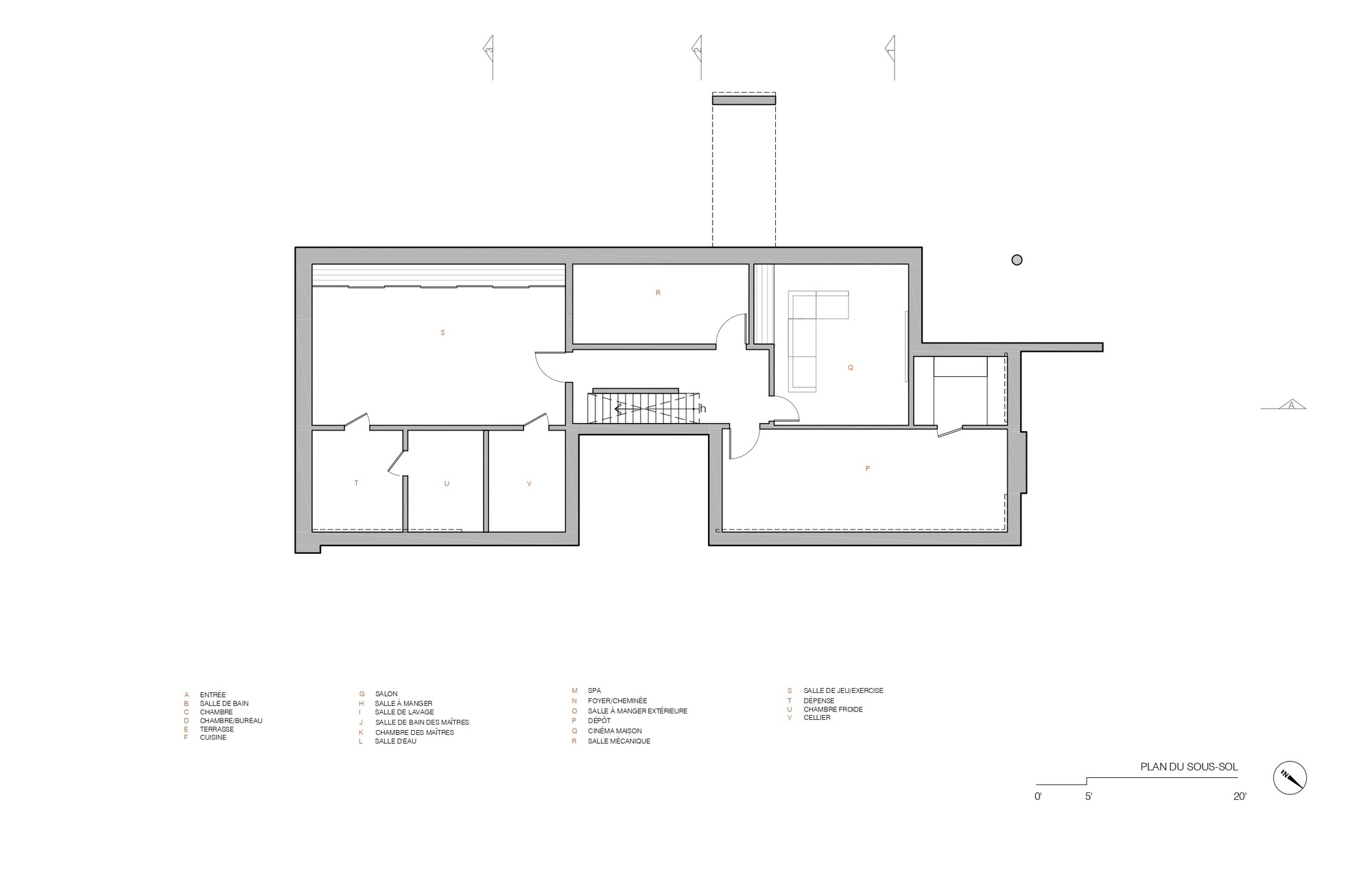 Upper floor plan drawing depicting bedroom layout and central stairwell