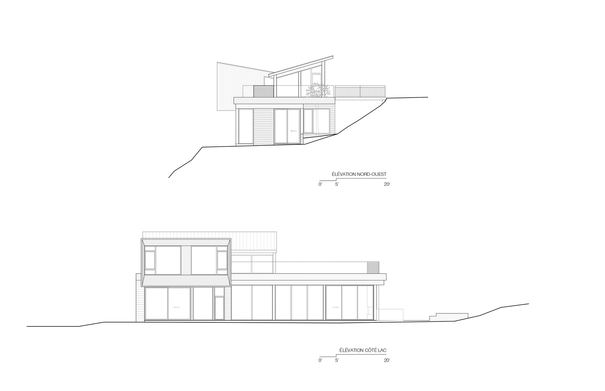 Elevation drawings showing a two-story glazed pavilion with horizontal planes stepping down a sloping grade