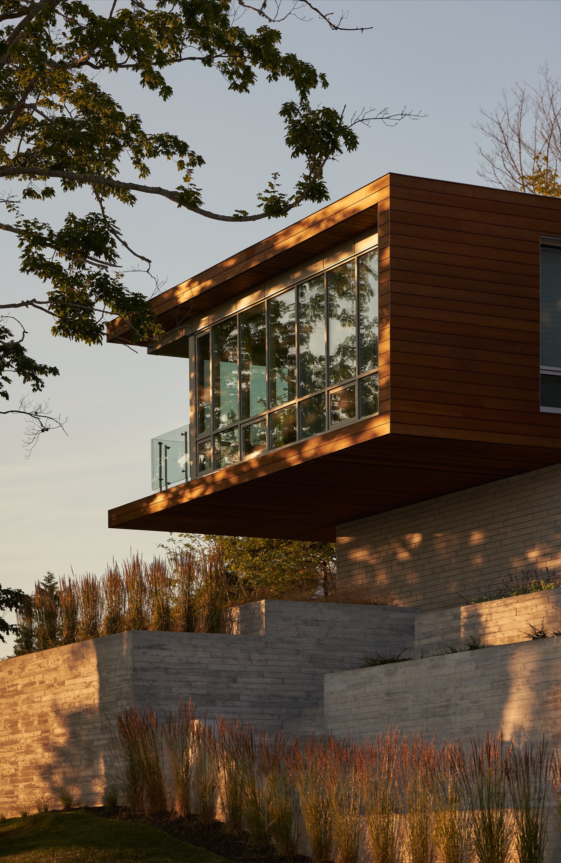 Projecting timber volume with glazed corner window above board-formed concrete retaining walls in late afternoon light