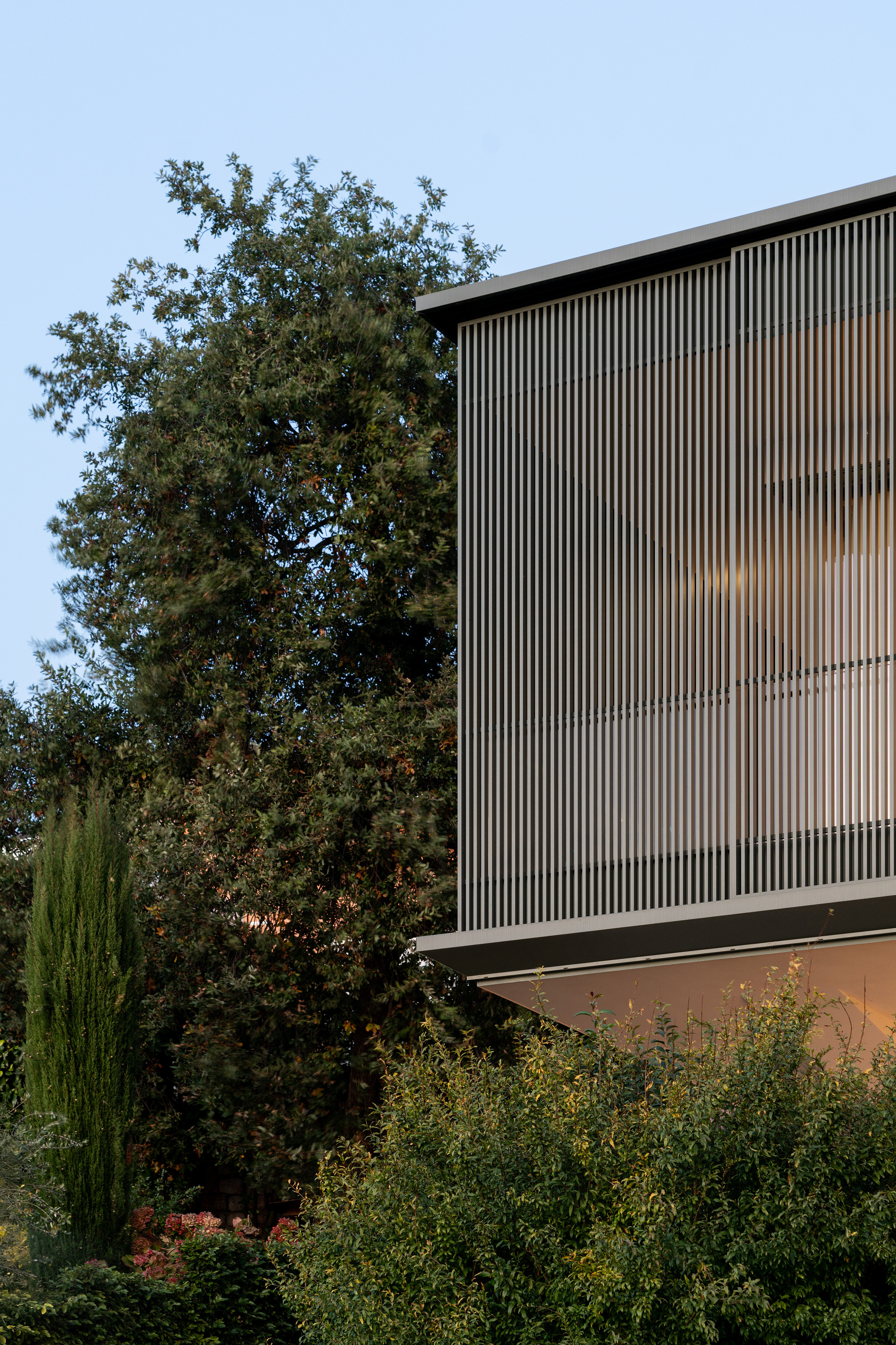 Elevated volume with vertical timber louvres above garden planting and mature trees under blue sky