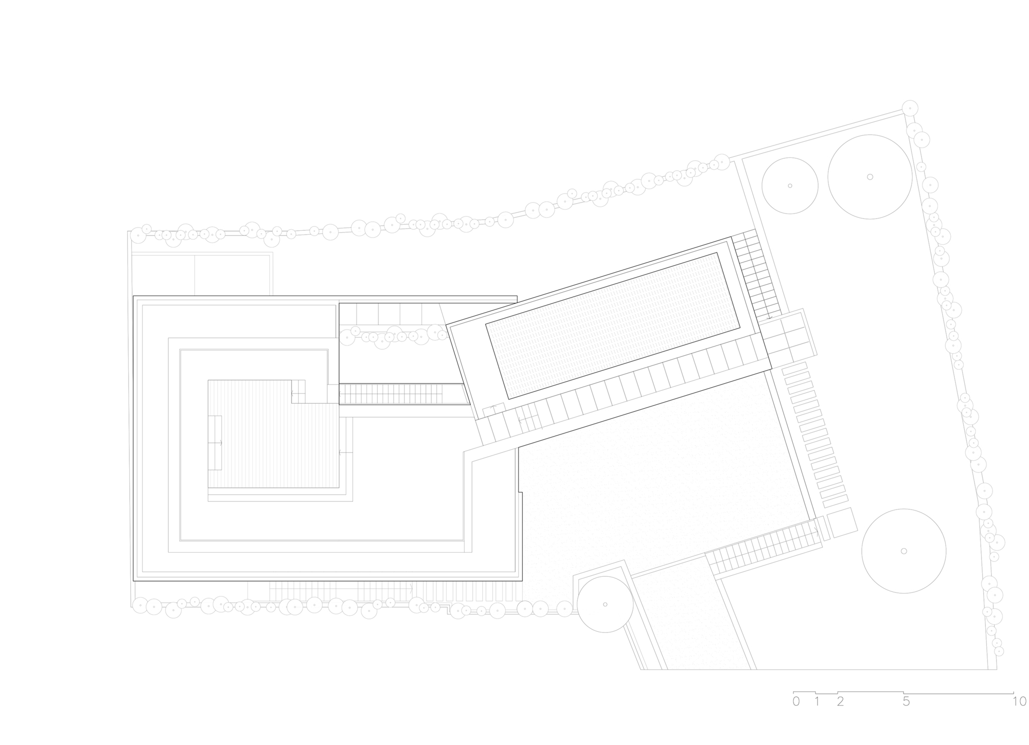 Roof plan drawing showing angled volumes with deck areas and circular tree plantings