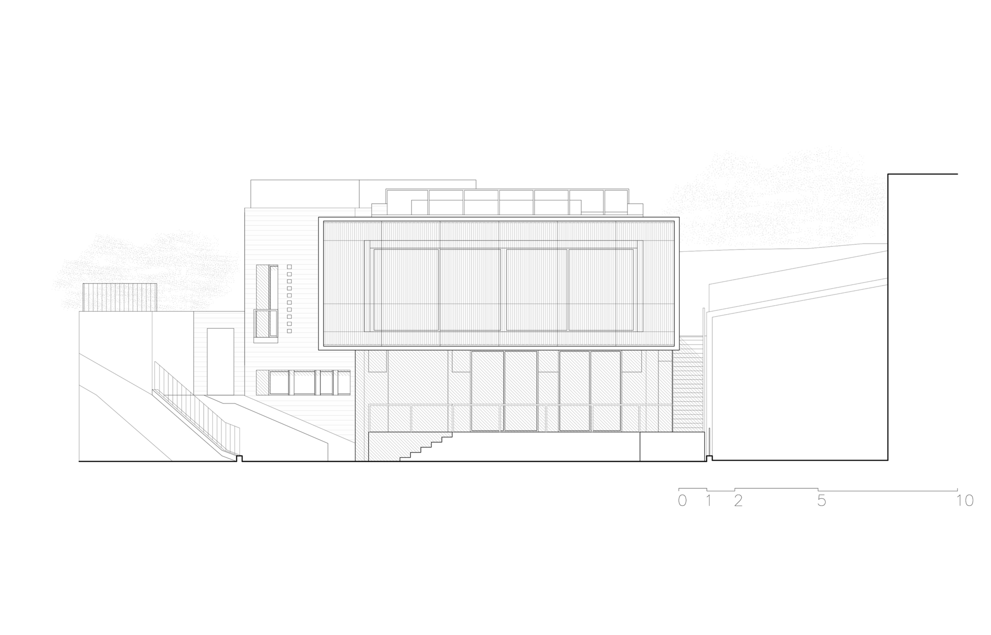 Elevation drawing revealing gridded glazing and rooftop pool with exterior stair on sloped terrain
