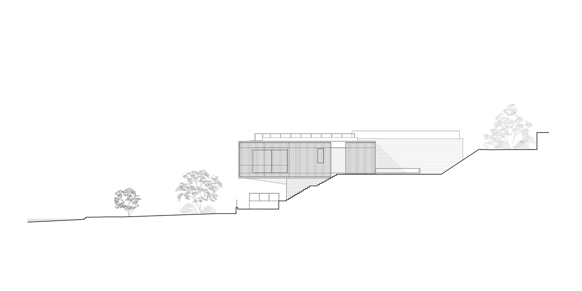 Section drawing illustrating the building stepping down the hillside with scattered trees in elevation