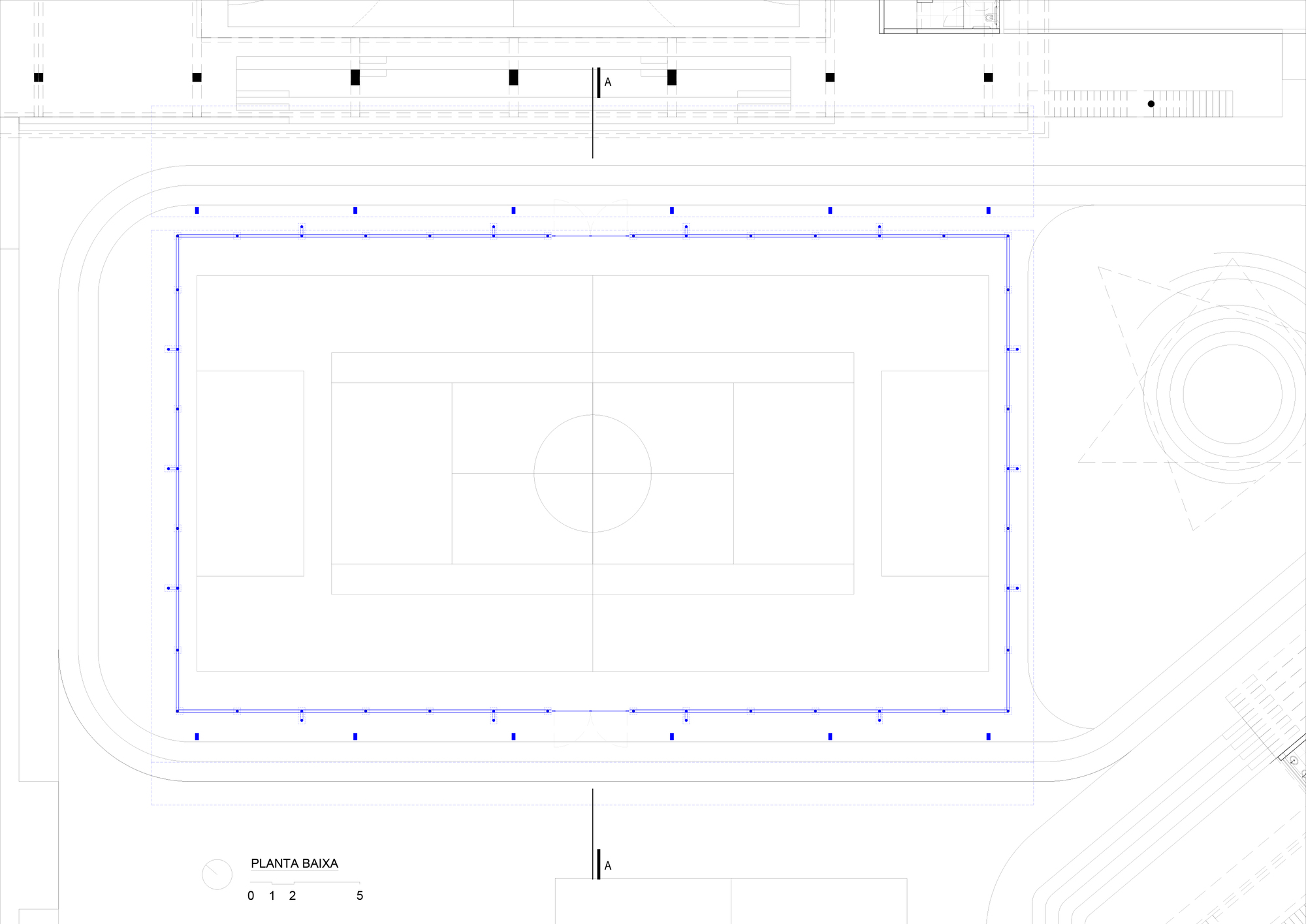 Floor plan drawing showing a rectangular sports field surrounded by a running track and adjacent structures