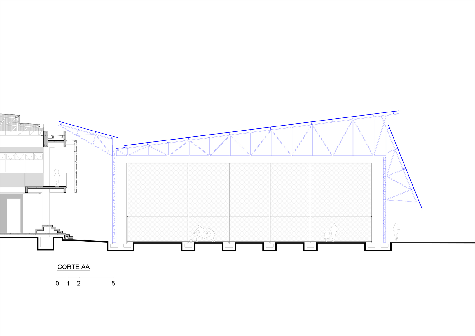 Section drawing revealing a multi-story structure on the left and a large trussed hall with stepped foundation