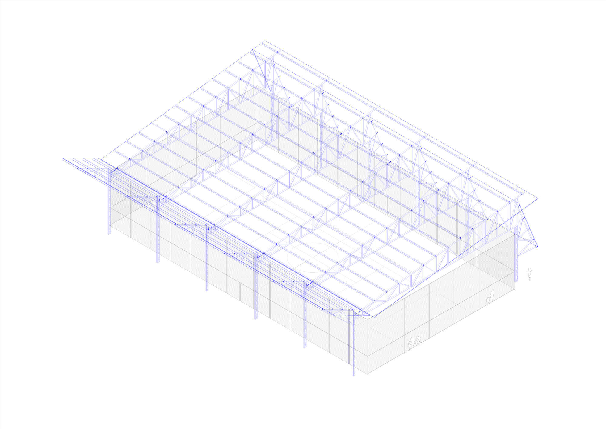 Axonometric drawing depicting the structural frame with timber trusses and gridded roof supports