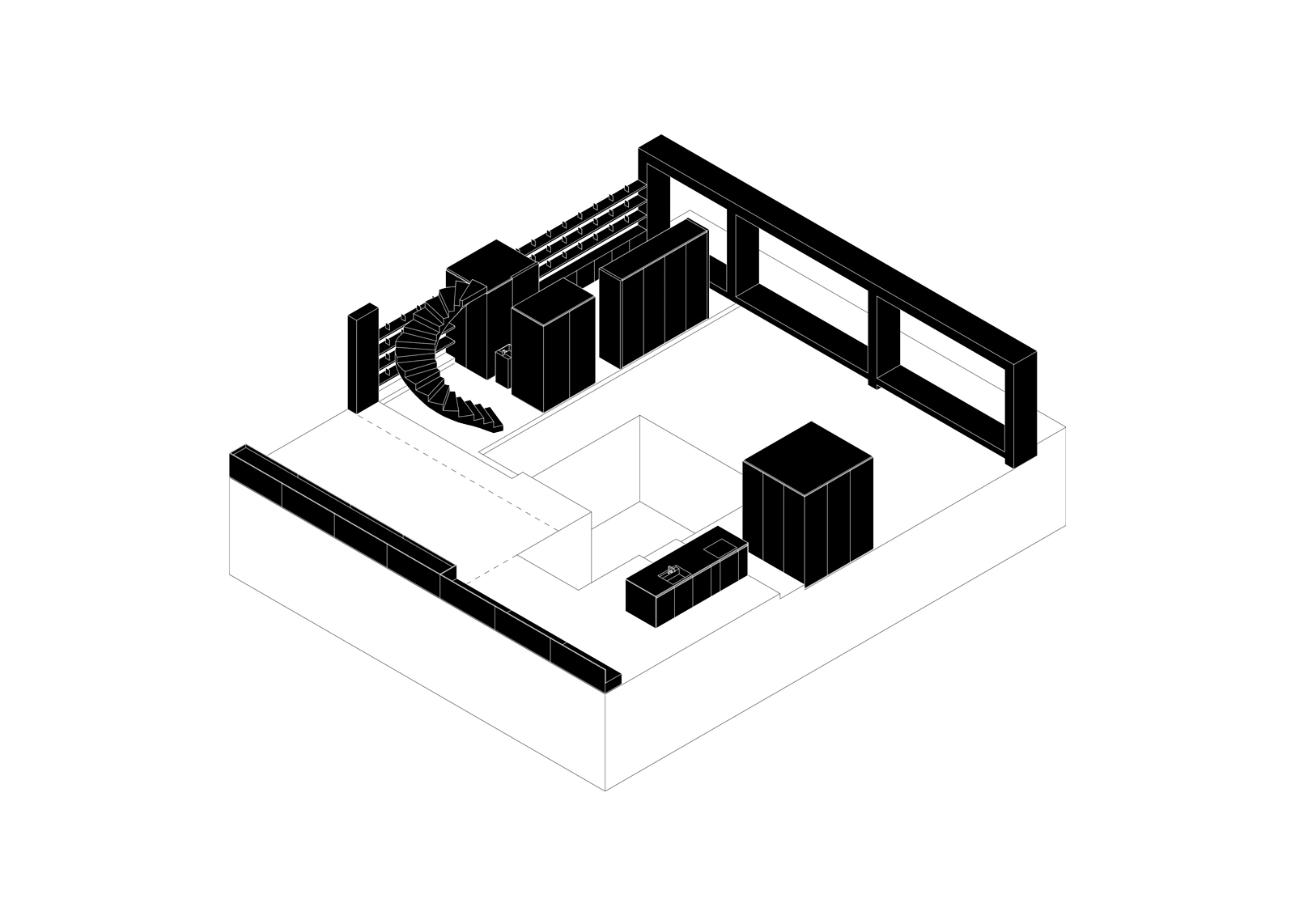 Axonometric drawing showing interior arrangement with staircase and black-rendered volumes within a single floor level