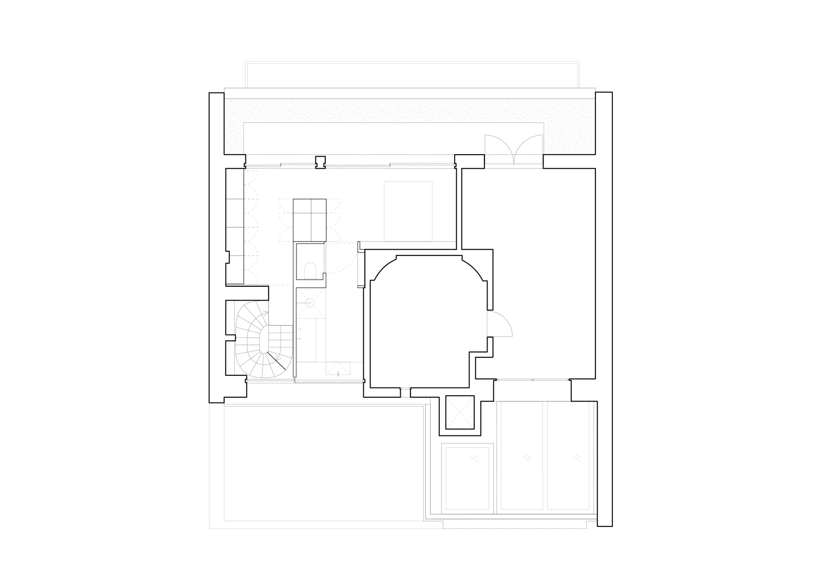 Floor plan drawing showing an apartment layout with rooms arranged around a central curved bathtub