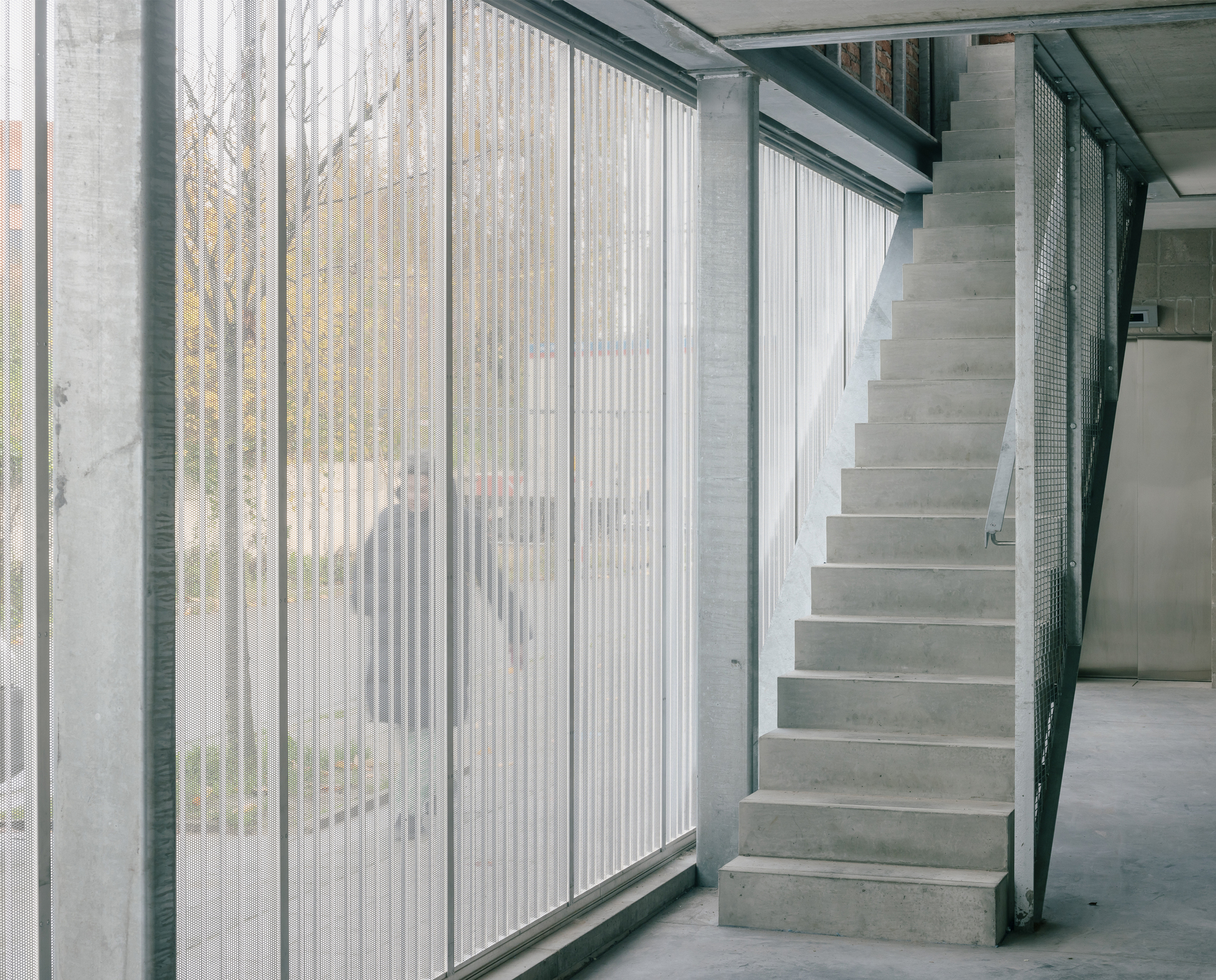 Concrete staircase rising alongside fluted glass panels with a view to the exterior garden