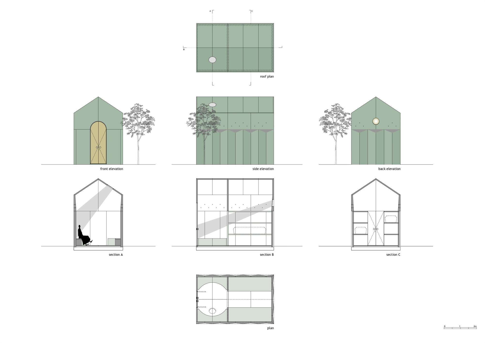 Elevation, section and plan drawings of a gabled structure with green paneling and adjacent trees