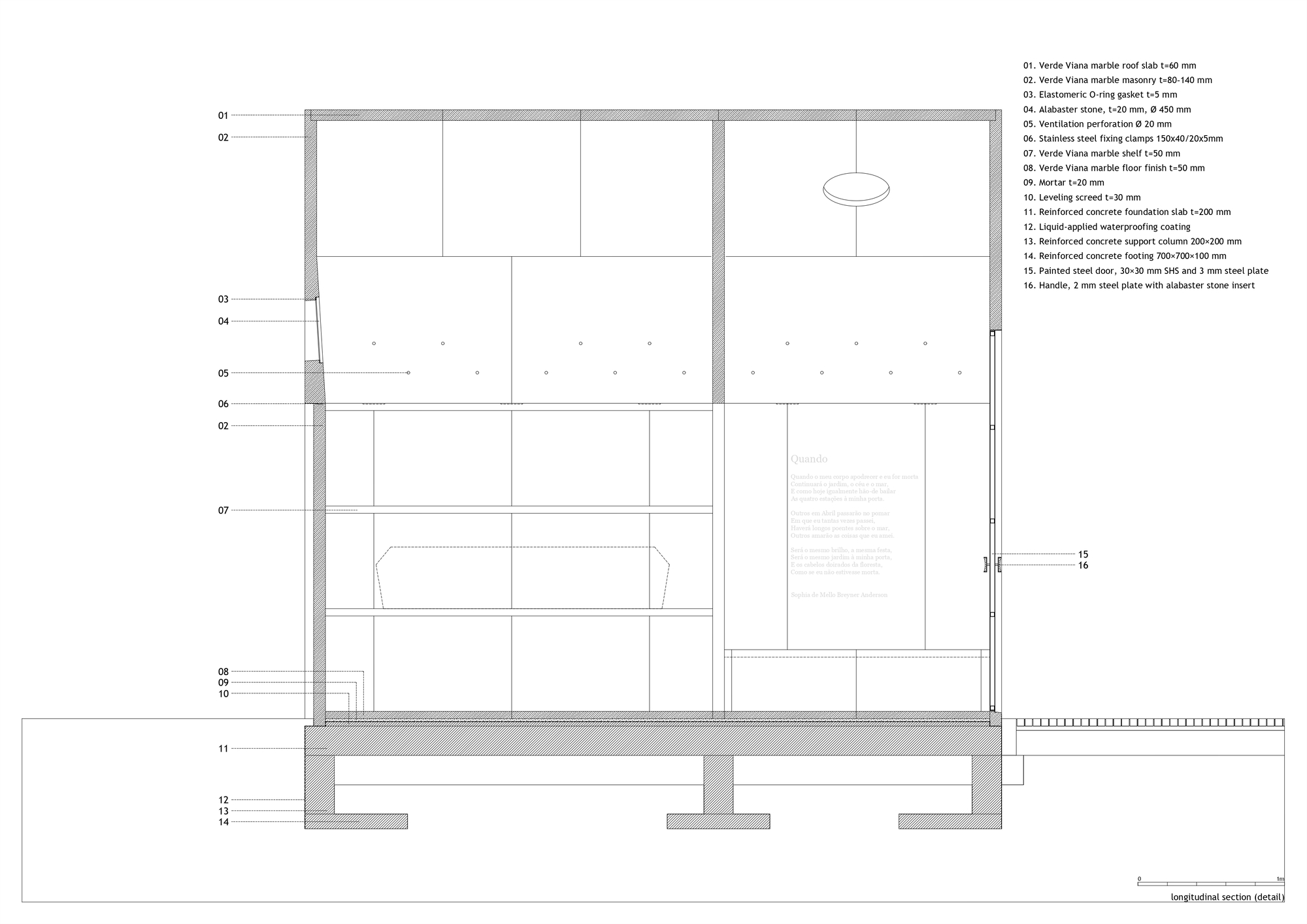 Longitudinal section detail drawing showing floor plates, stairs, and foundation with dimension callouts