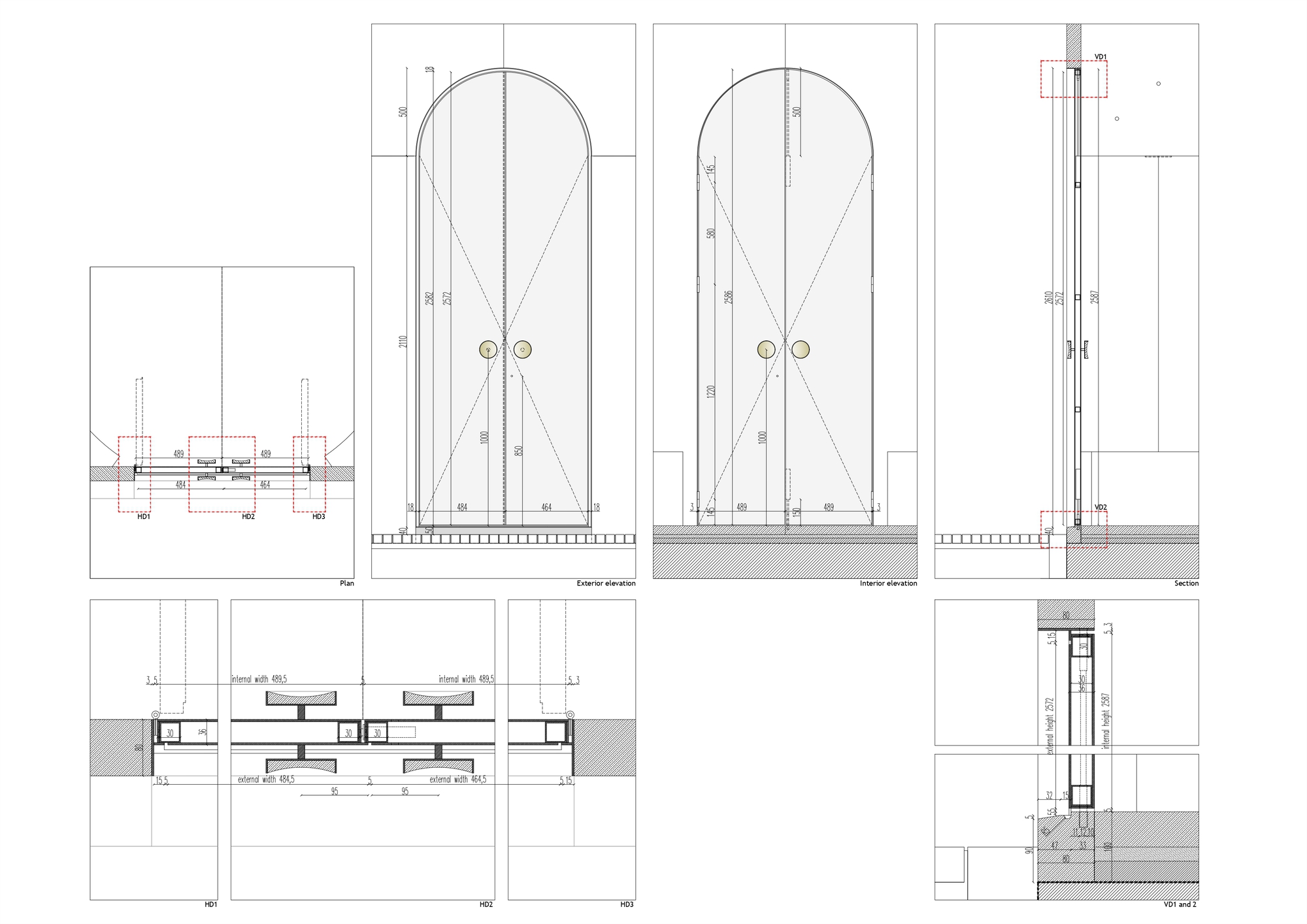 Construction detail drawings of arched window frames with plan and section views showing assembly layers