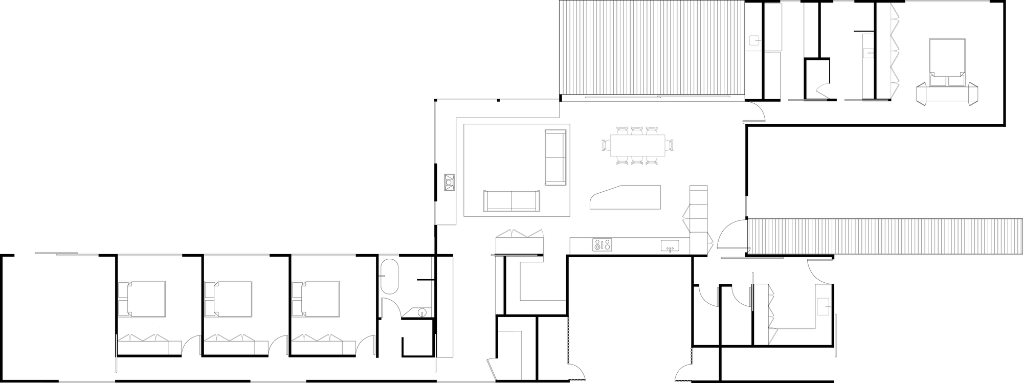 Floor plan drawing showing linear arrangement of bedrooms and open living areas with deck