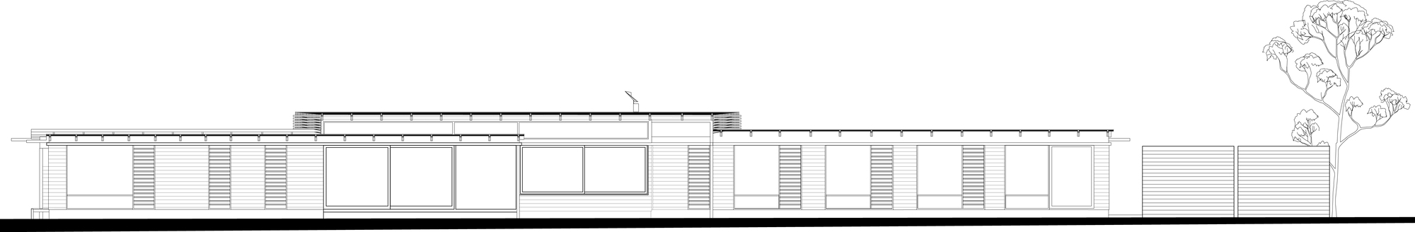 Elevation drawing showing low horizontal roofline with clerestory windows and single tree
