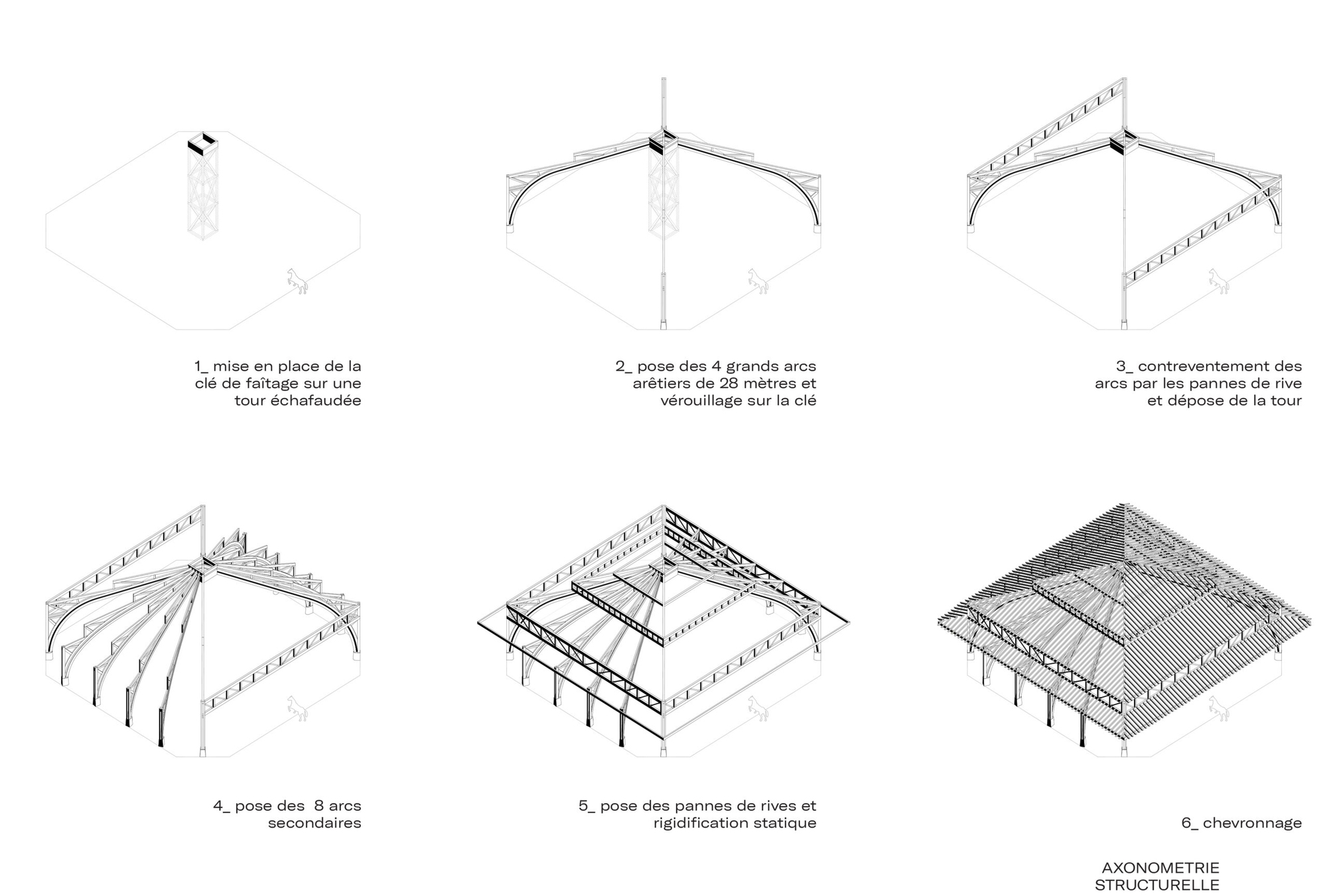 Axonometric drawing sequence showing the assembly stages of the arched roof structure