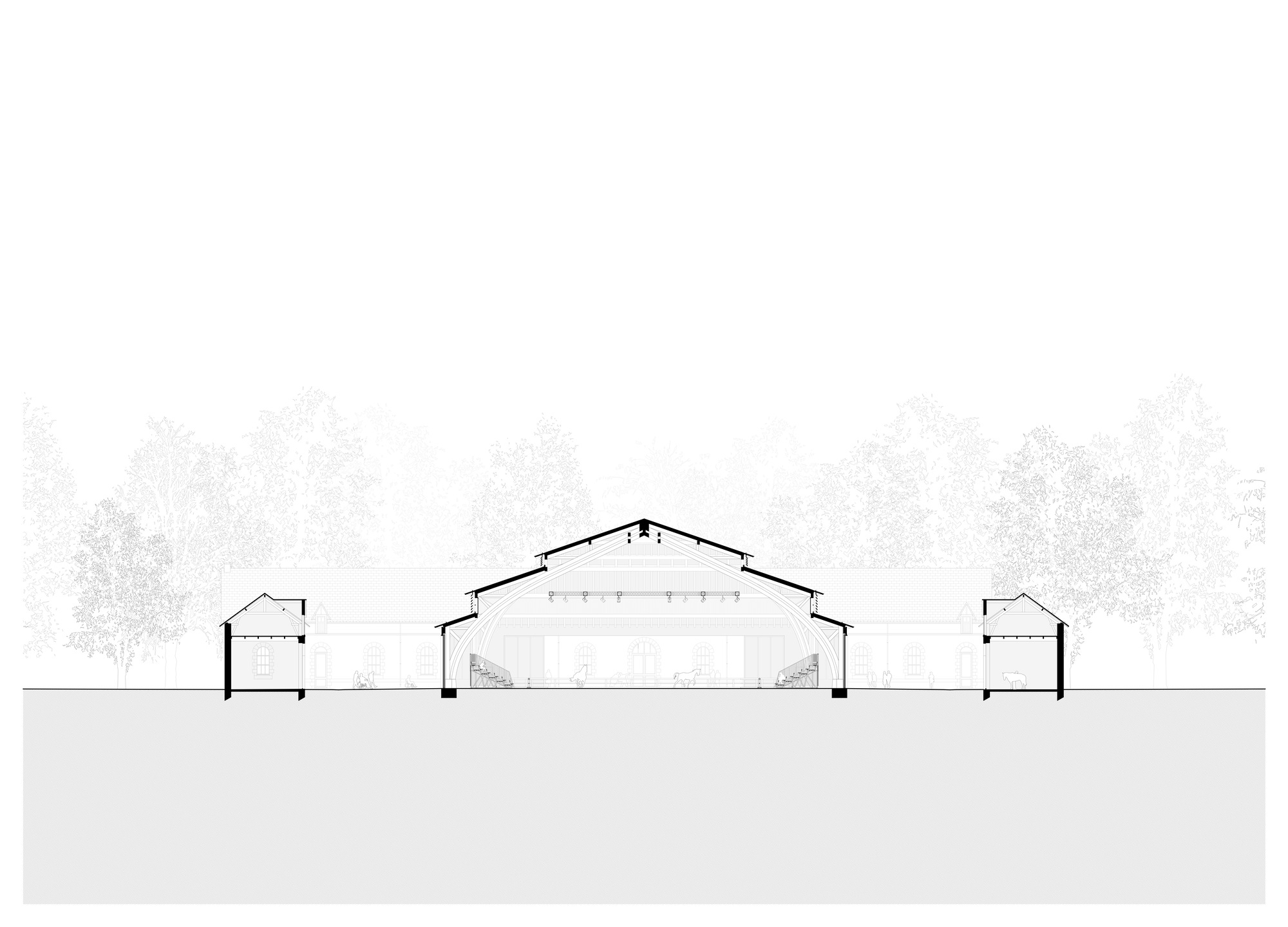 Section drawing showing the large gabled central hall flanked by lower two-story wings among trees