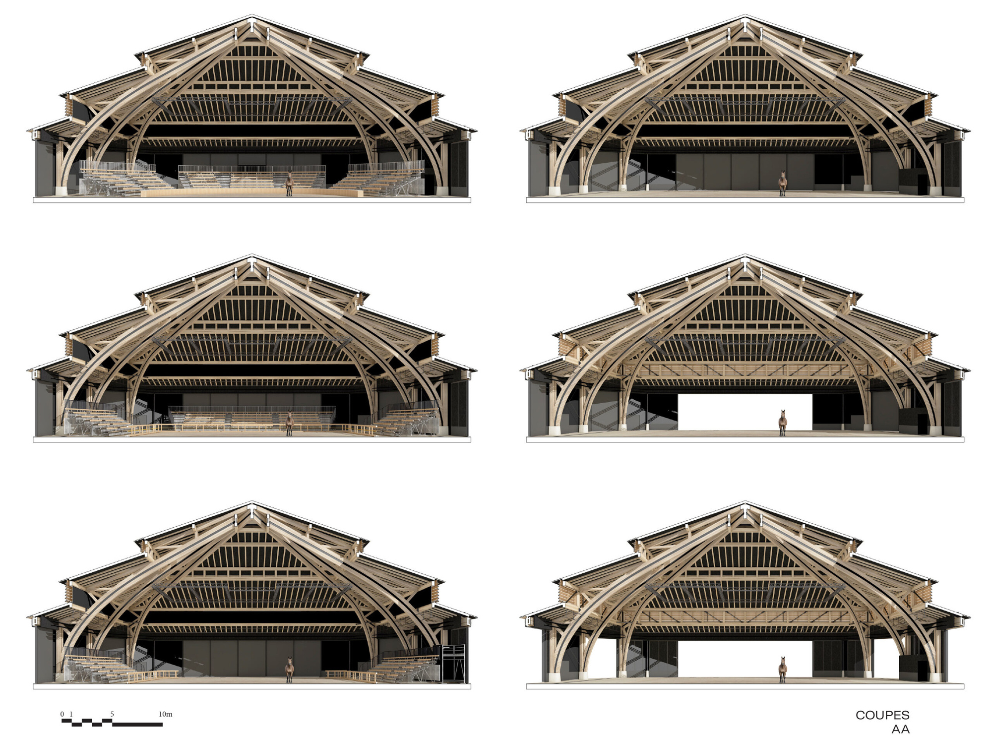 Section drawings showing six variations of the exposed timber truss system and interior configurations with human figures