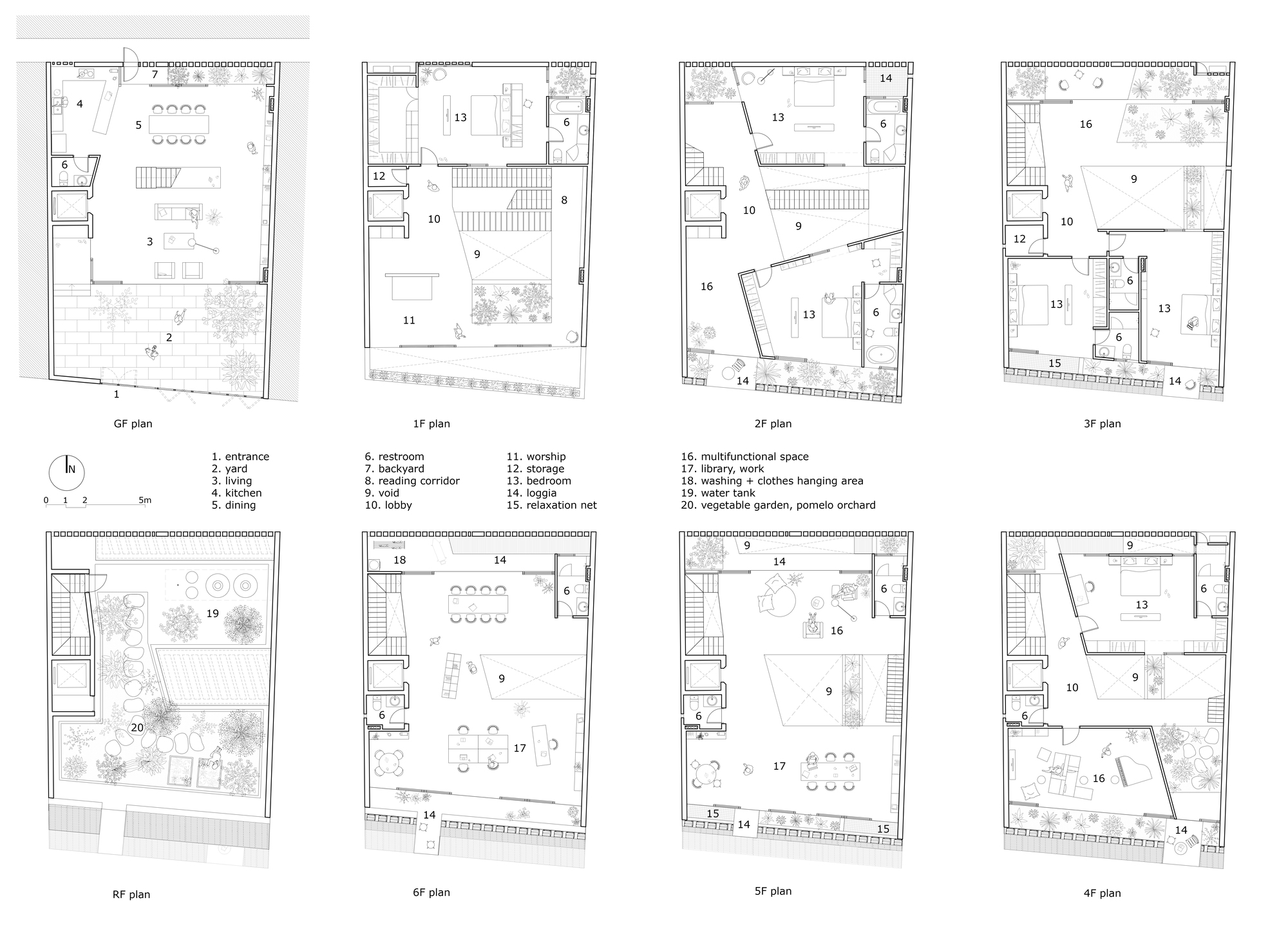 Floor plan drawings showing eight levels of a narrow residence with internal courtyards and planted terraces
