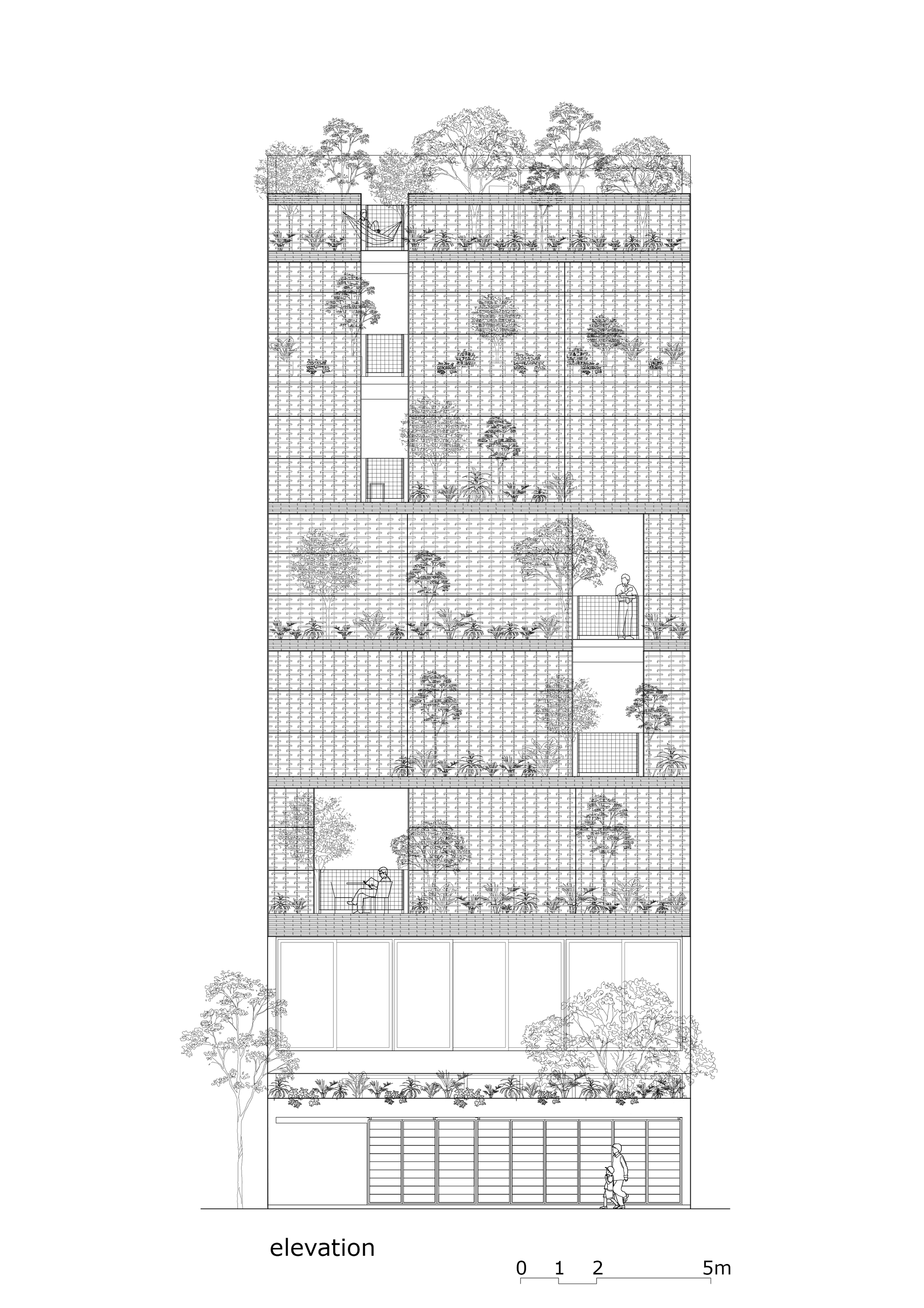 Elevation drawing of a tower with stacked planted terraces and grid screening behind tree canopies