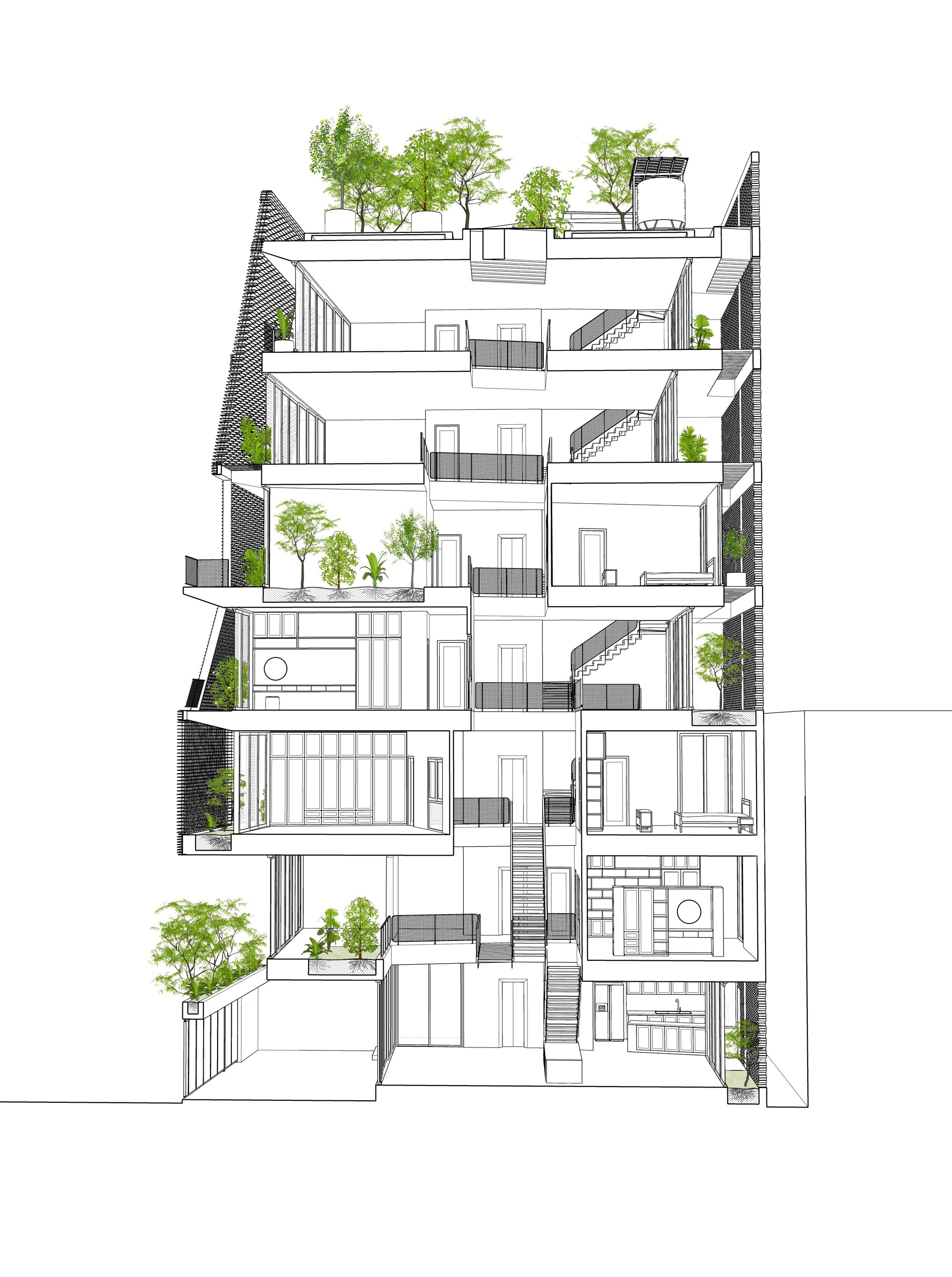 Section drawing revealing staggered floor plates with planted terraces and rooftop greenery throughout the tower