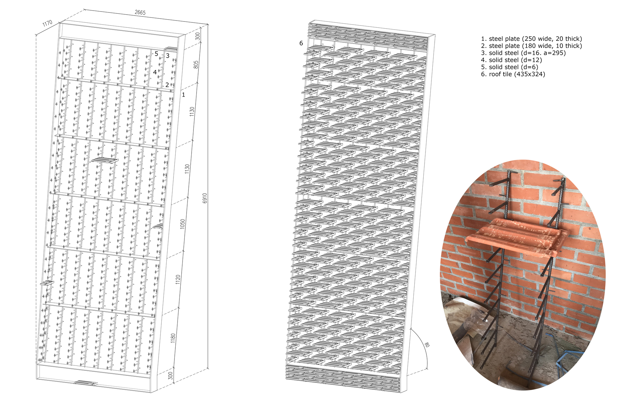 Axonometric drawing showing layered steel plate facade construction with brick backing wall detail