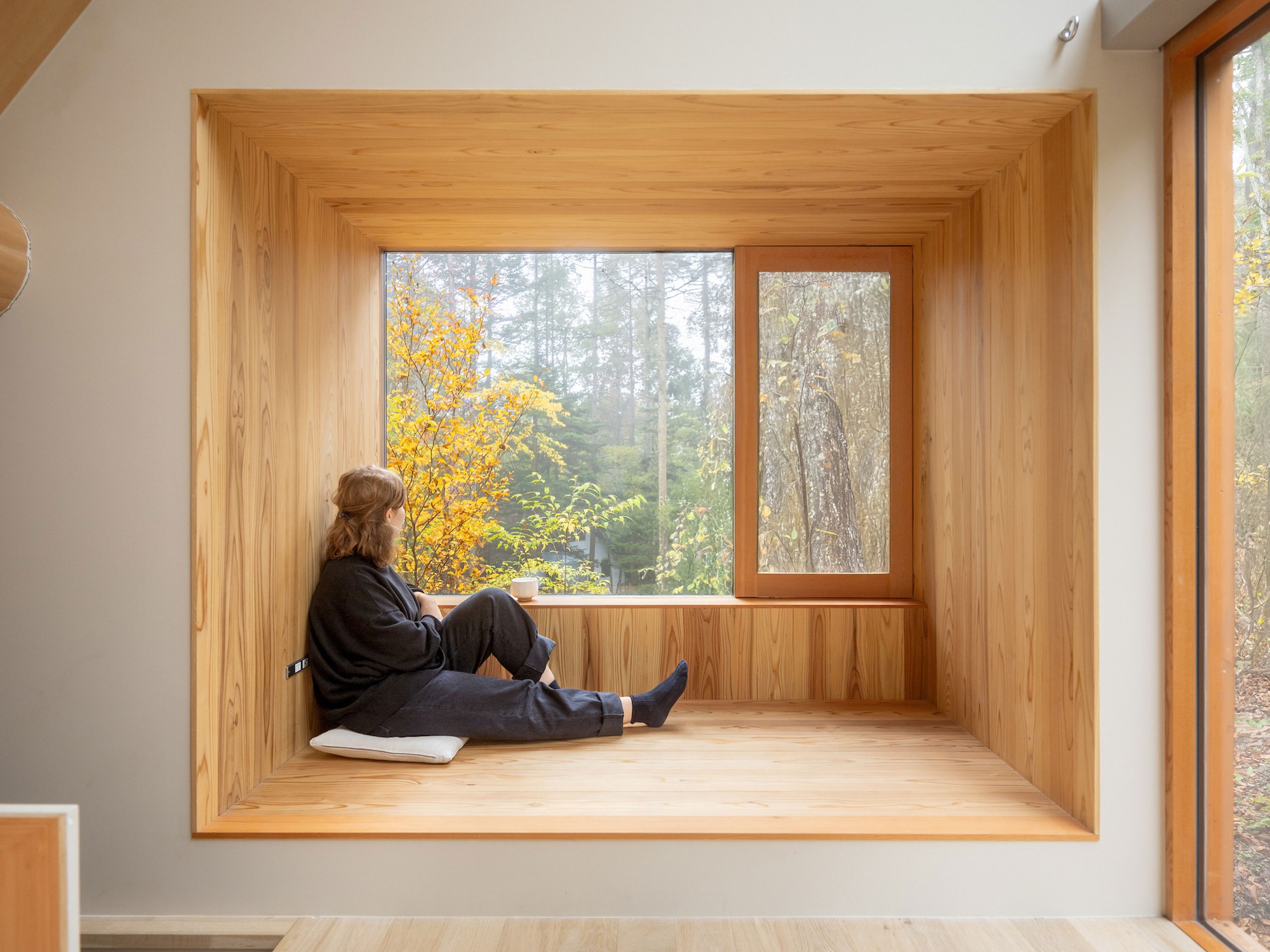 Deep timber-lined window seat with seated figure looking toward autumn trees outside
