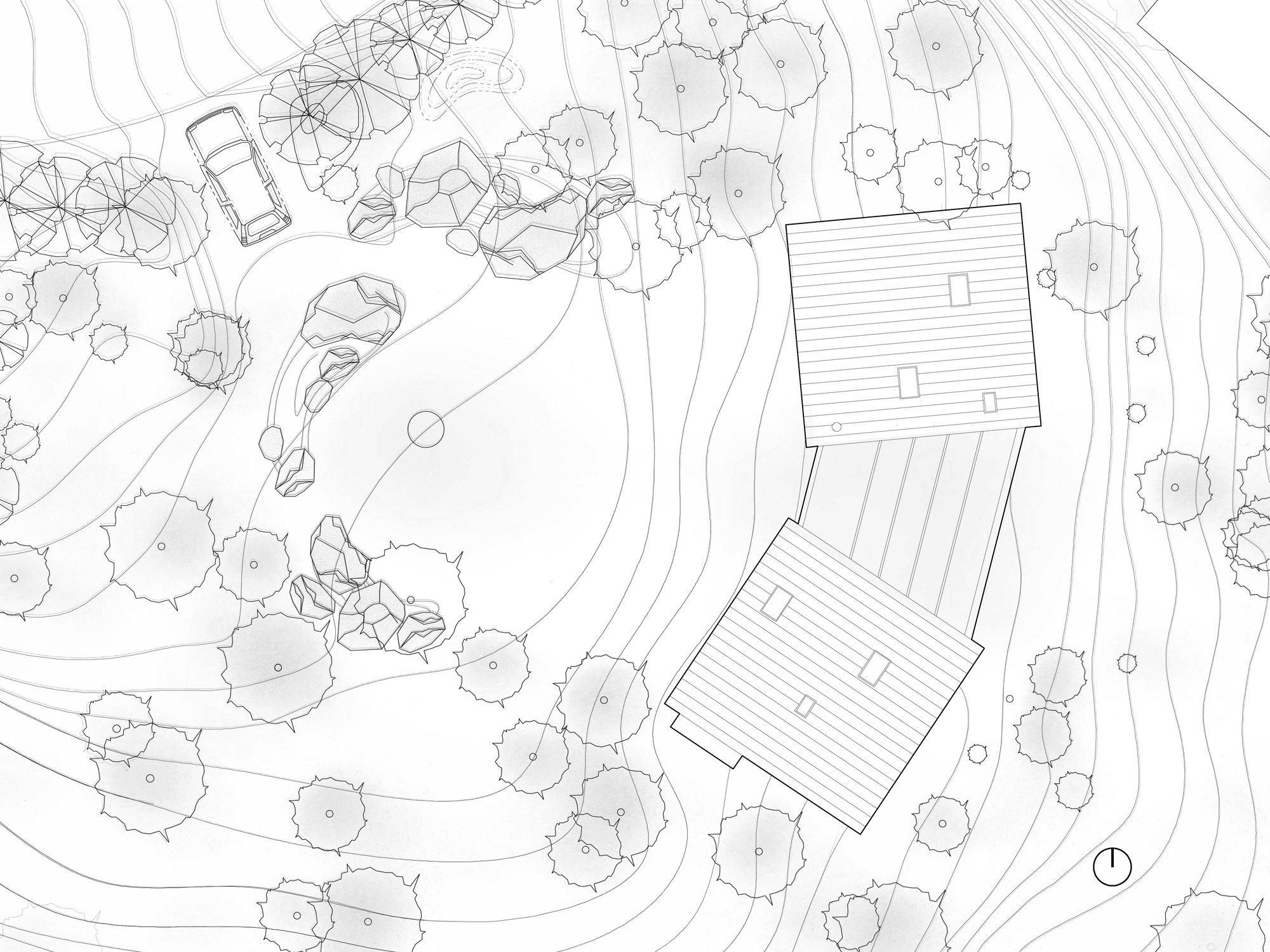 Site plan drawing showing two angled volumes among contour lines and tree canopies
