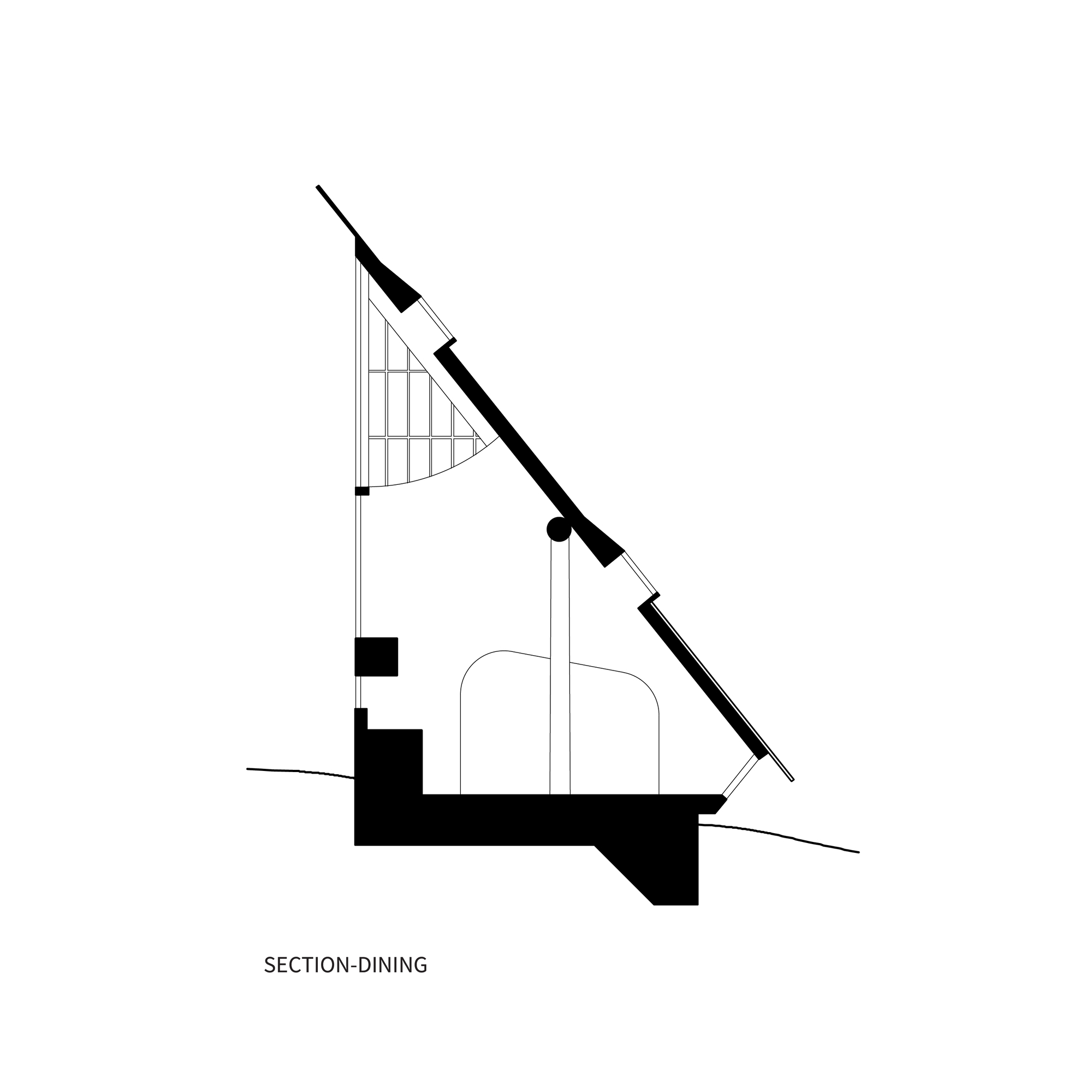 Section drawing through the dining area showing the sloped roof and stepped foundation