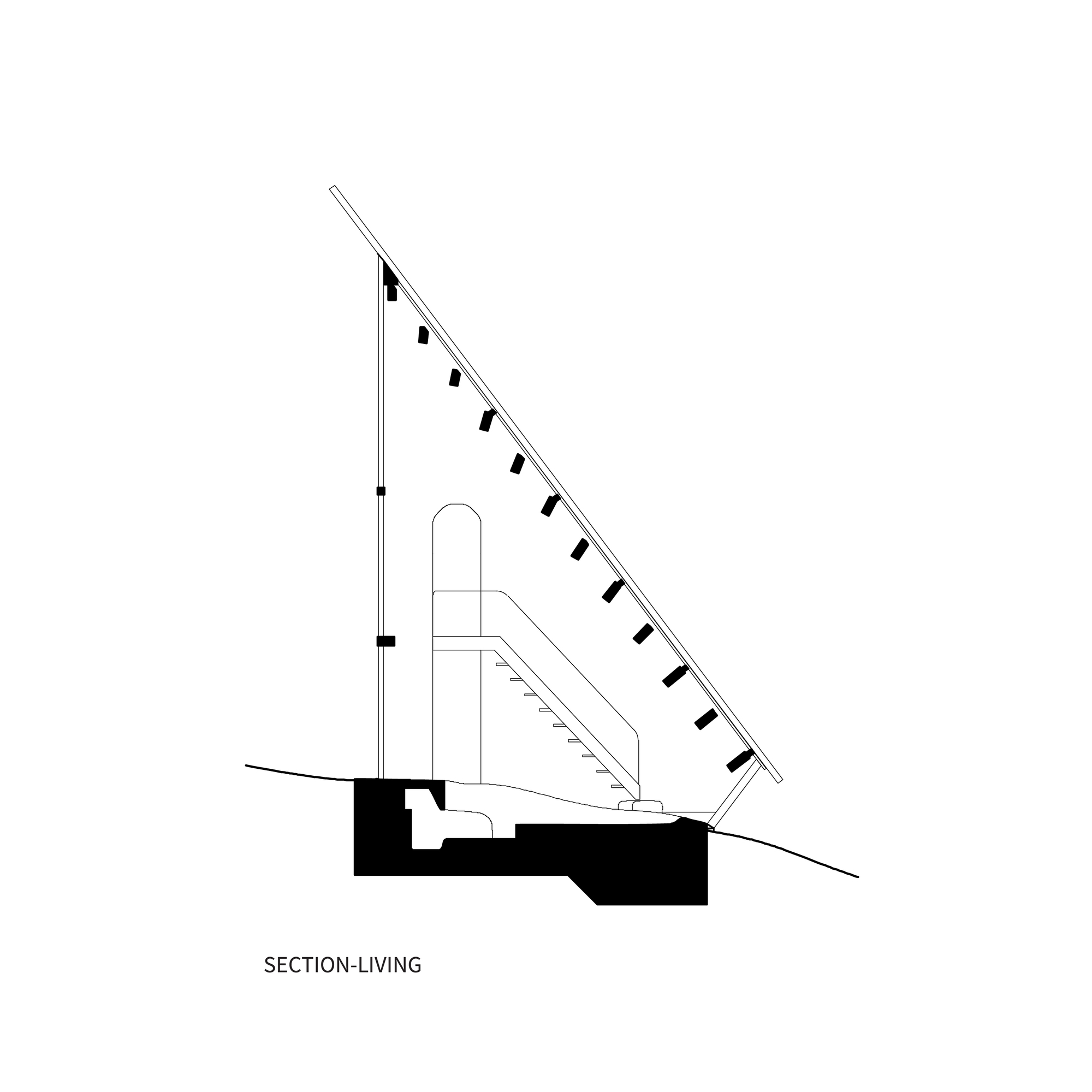Section drawing through the living room showing exposed rafters and sloping terrain