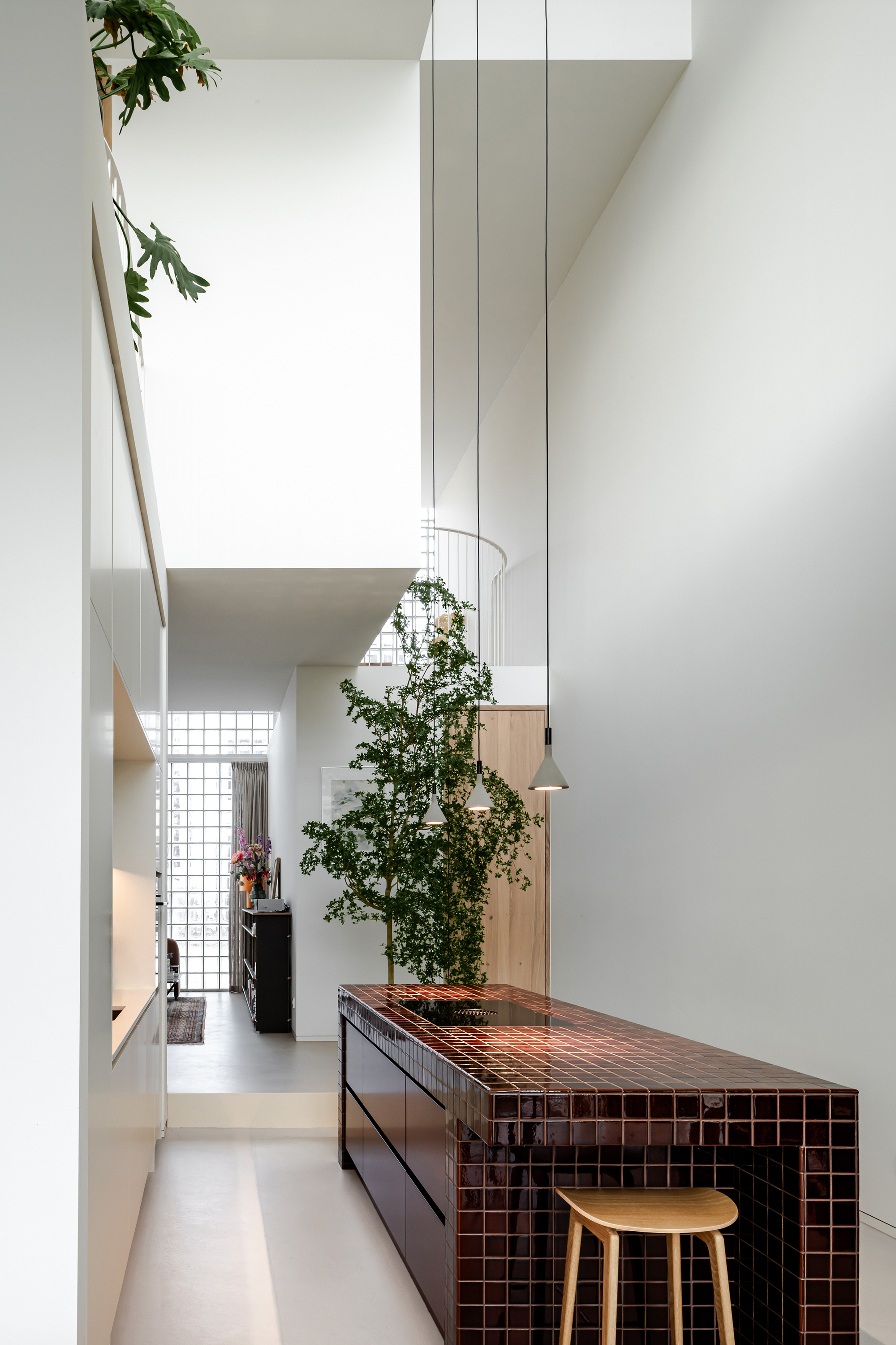 Double-height corridor with brown glazed tile kitchen island, wire pendant planters and glass block wall